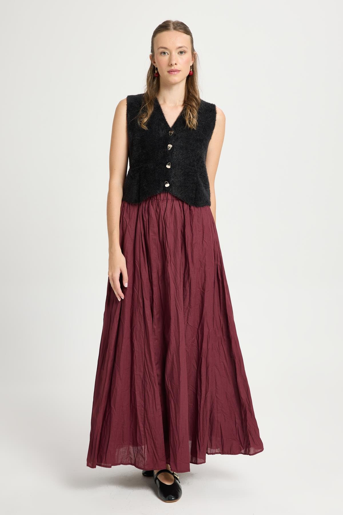 Kadın Bordo Vual Kumaş Kırışık Uzun Astarlı Etek 29062