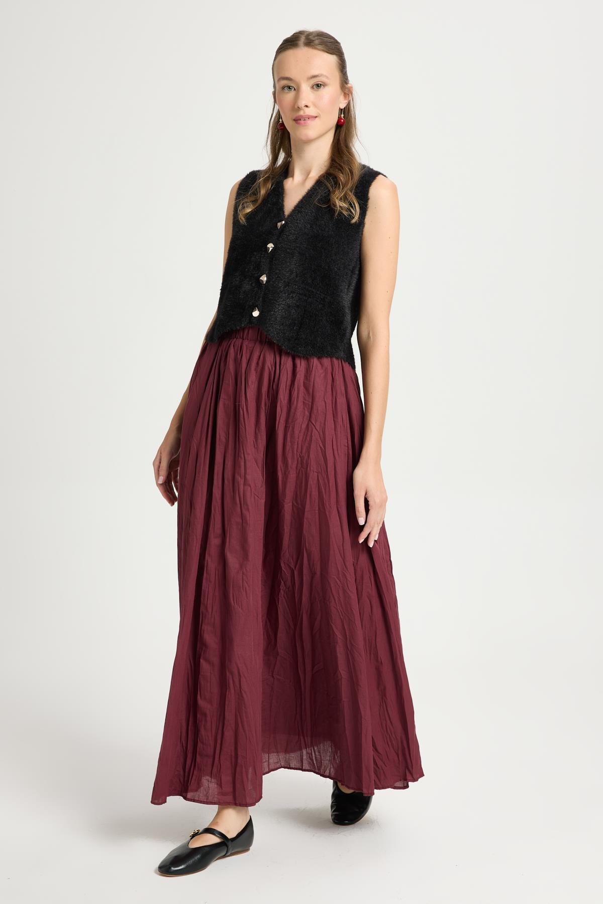 Kadın Bordo Vual Kumaş Kırışık Uzun Astarlı Etek 29062