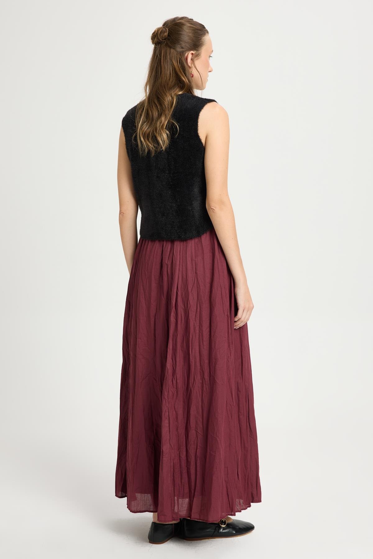 Kadın Bordo Vual Kumaş Kırışık Uzun Astarlı Etek 29062