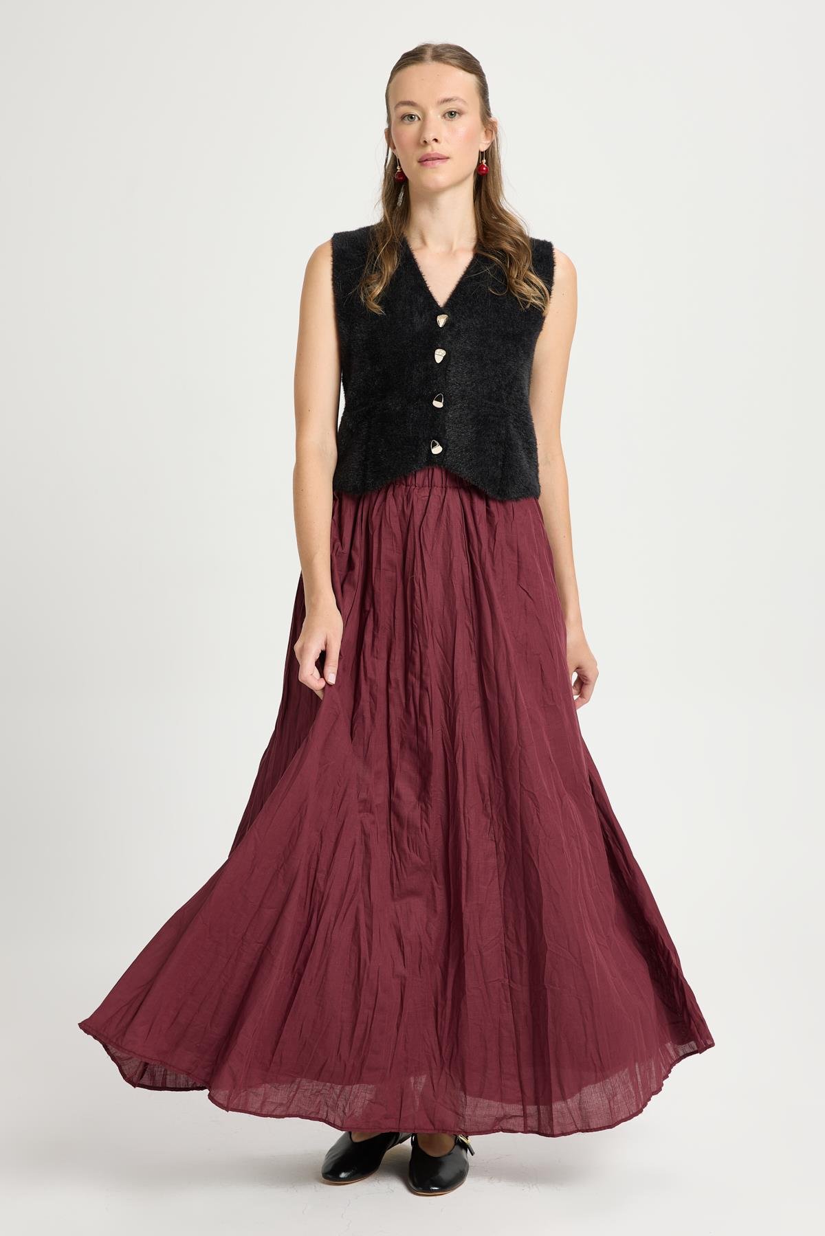 Kadın Bordo Vual Kumaş Kırışık Uzun Astarlı Etek 29062