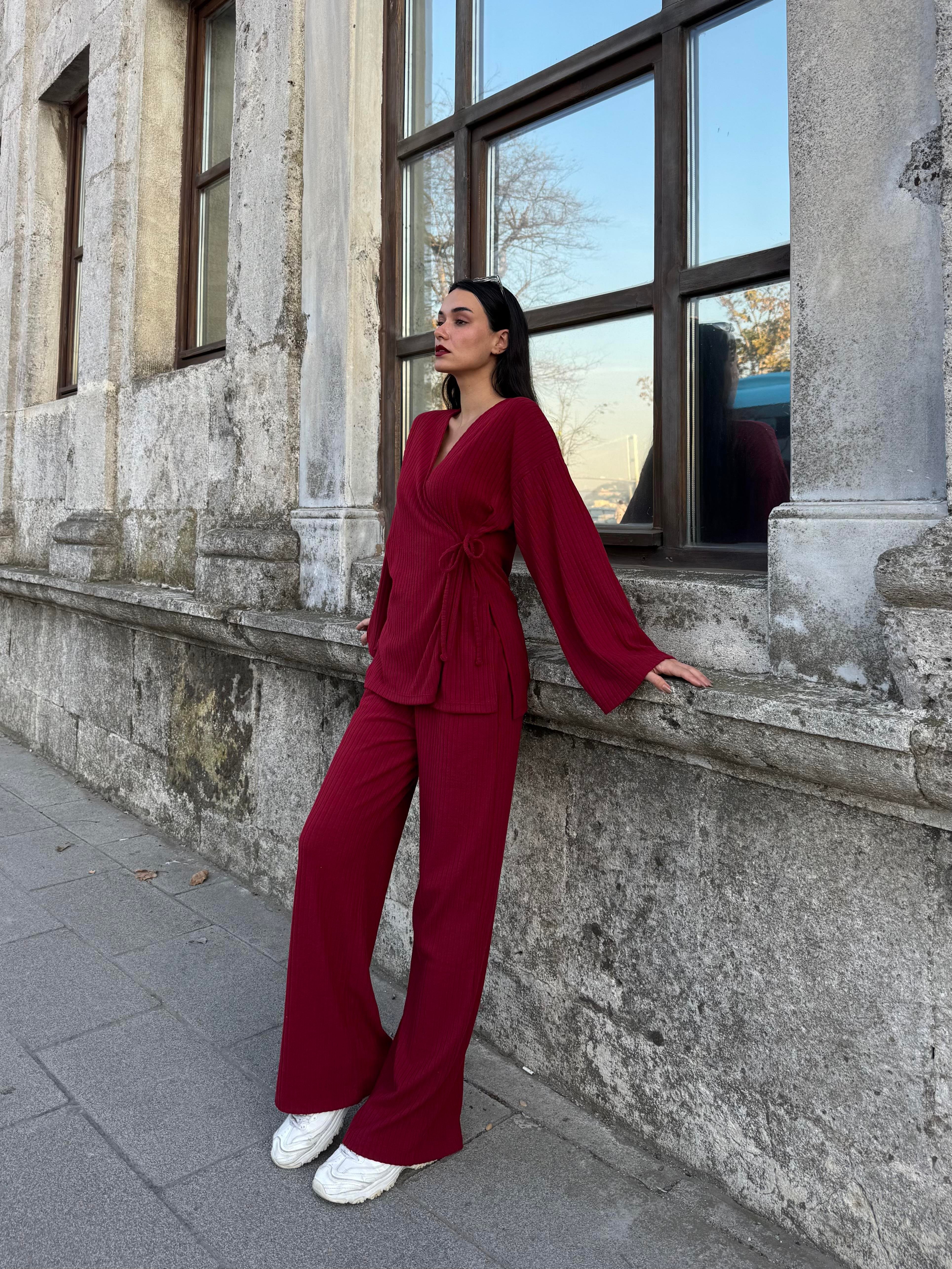 Kadın Bordo Yandan Bağlamalı Fitilli Şardonlu Alt/Üst Takım 28316