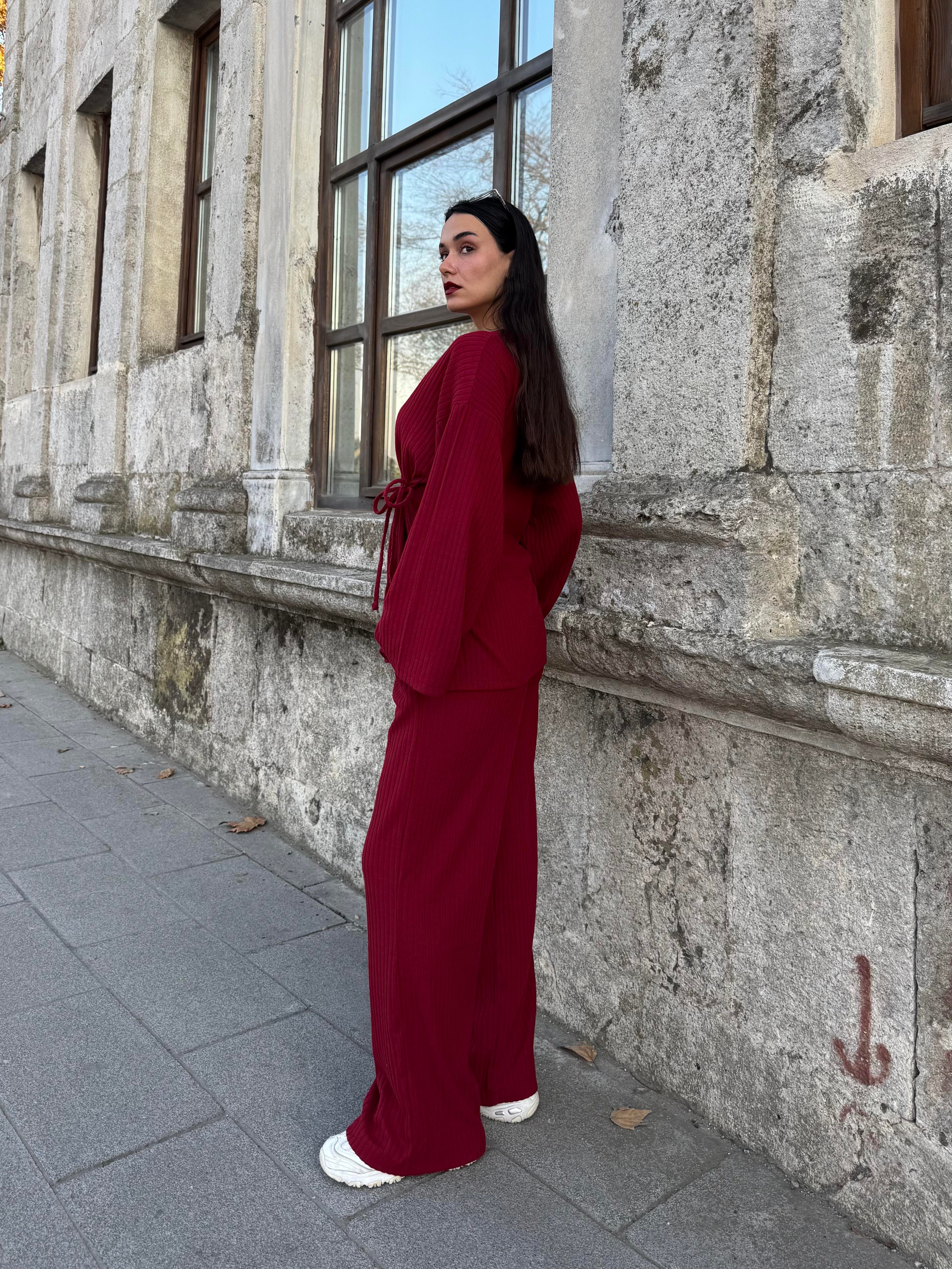 Kadın Bordo Yandan Bağlamalı Fitilli Şardonlu Alt/Üst Takım 28316