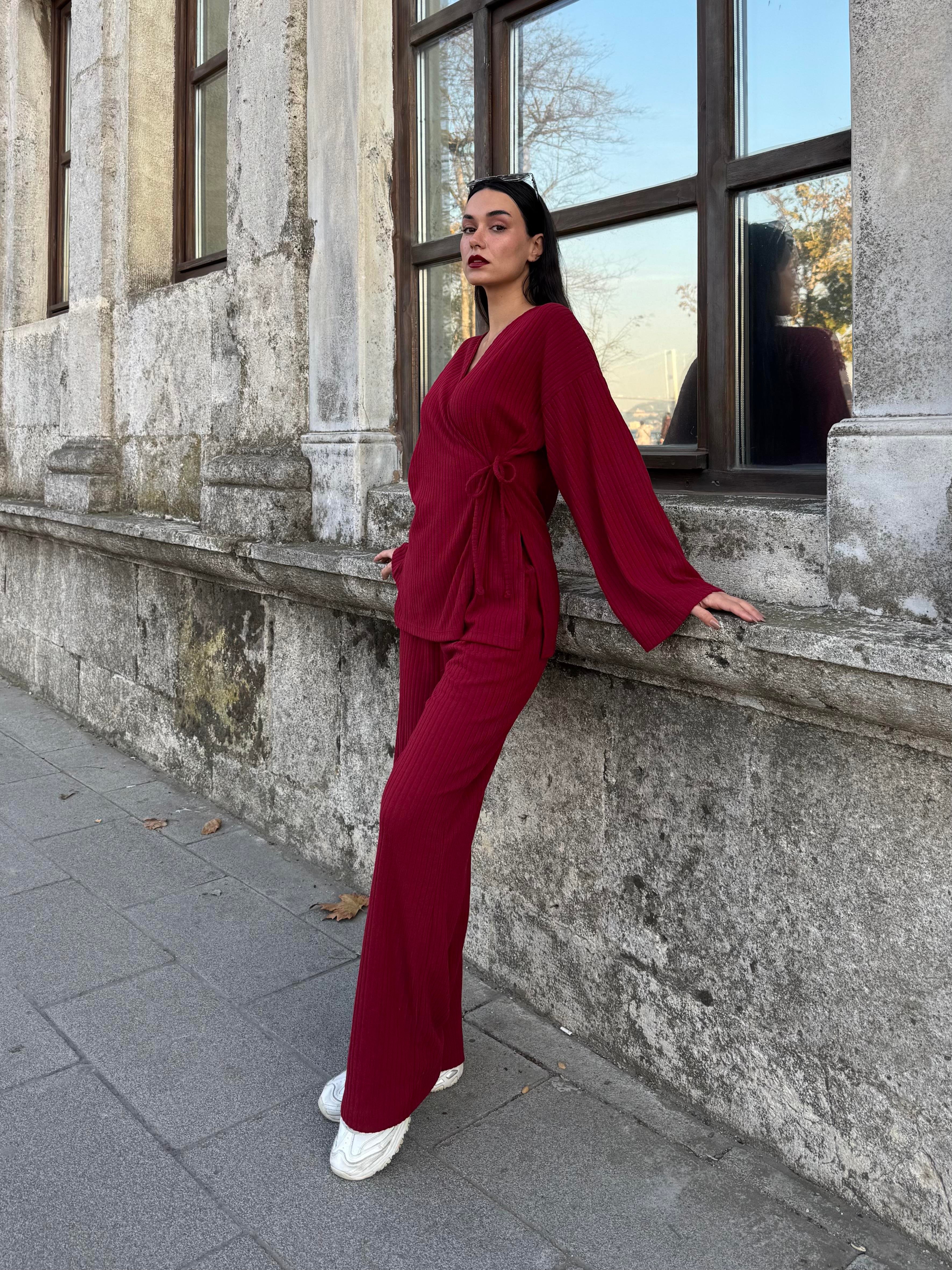 Kadın Bordo Yandan Bağlamalı Fitilli Şardonlu Alt/Üst Takım 28316