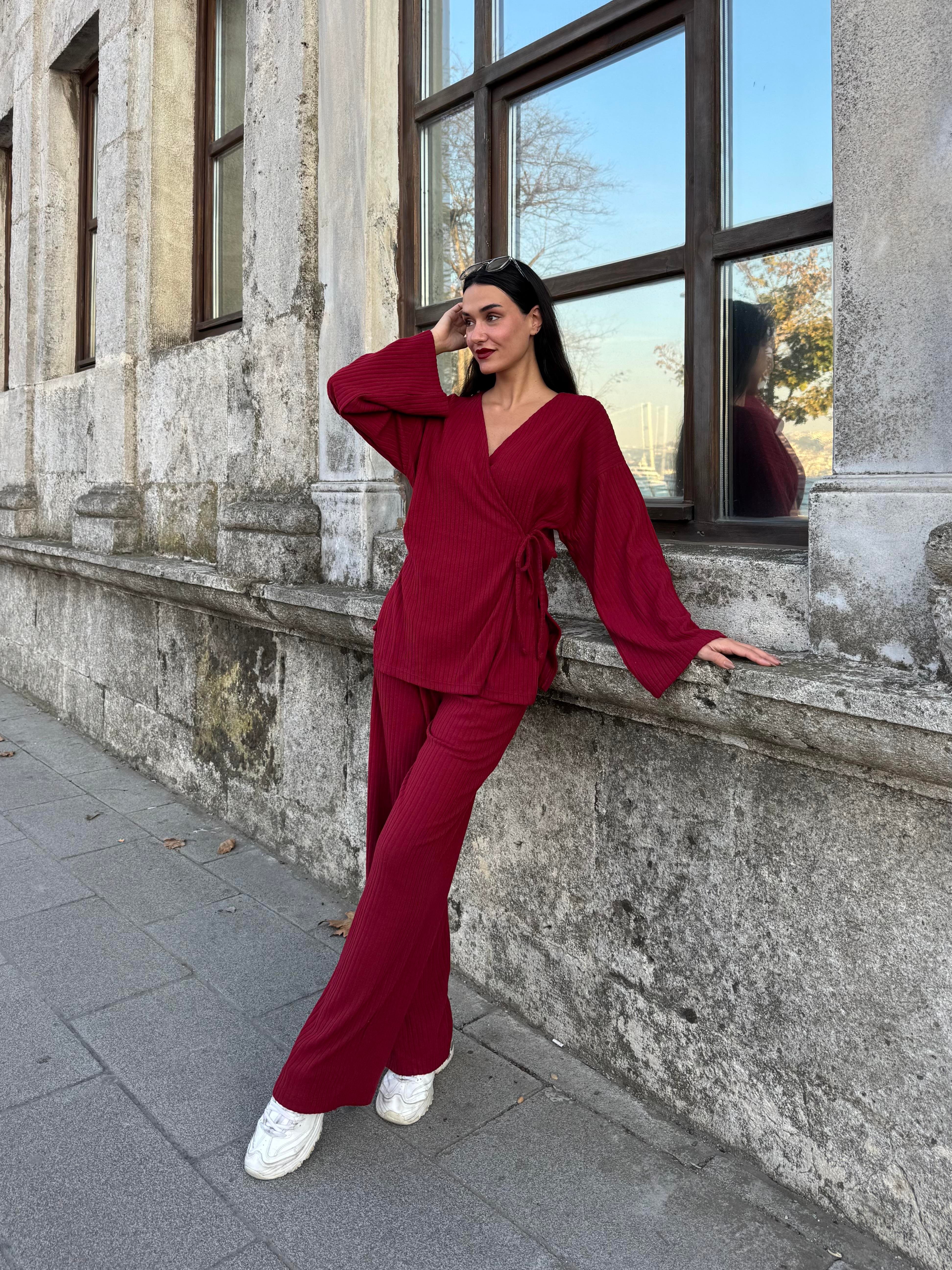Kadın Bordo Yandan Bağlamalı Fitilli Şardonlu Alt/Üst Takım 28316