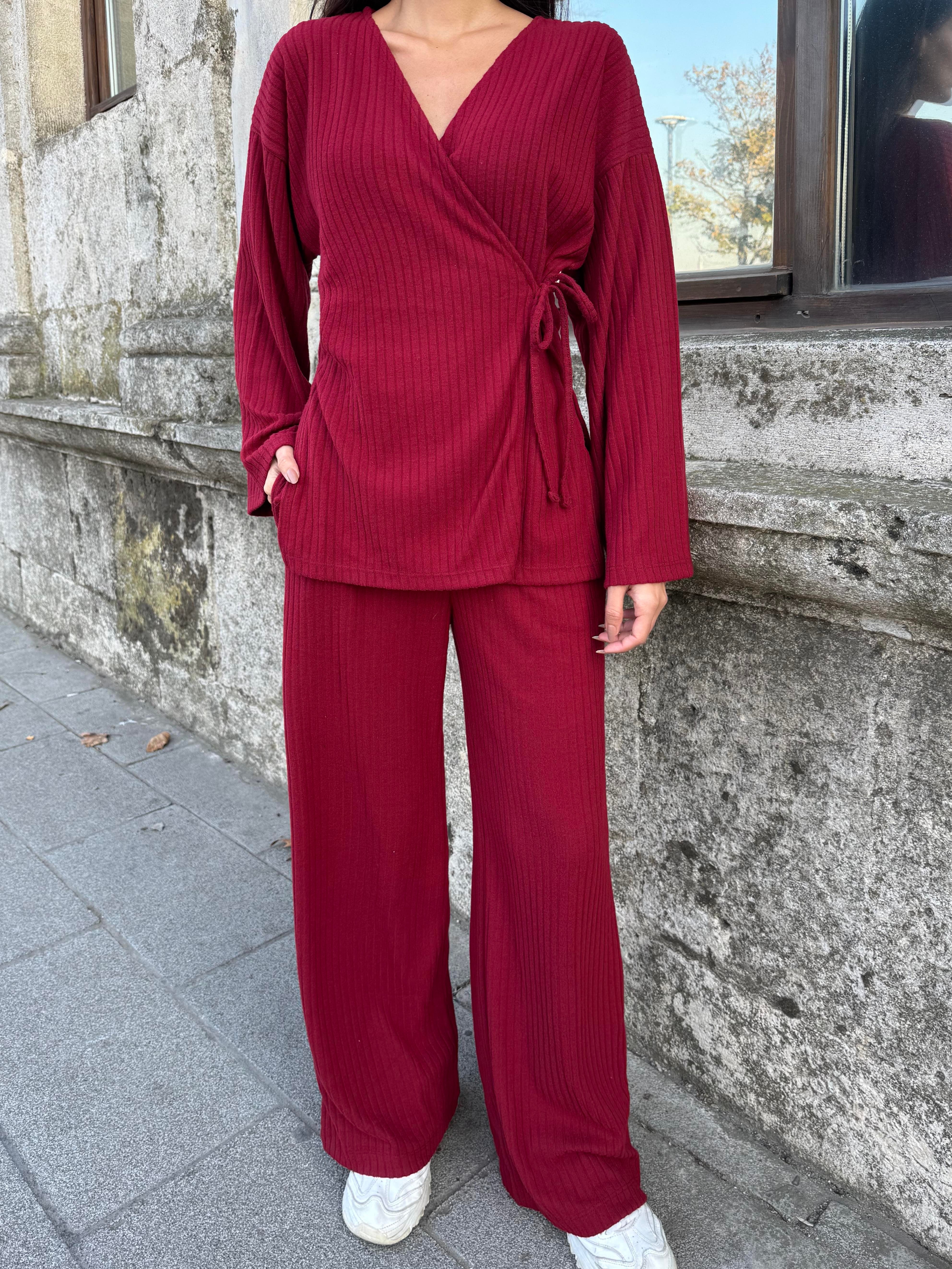 Kadın Bordo Yandan Bağlamalı Fitilli Şardonlu Alt/Üst Takım 28316