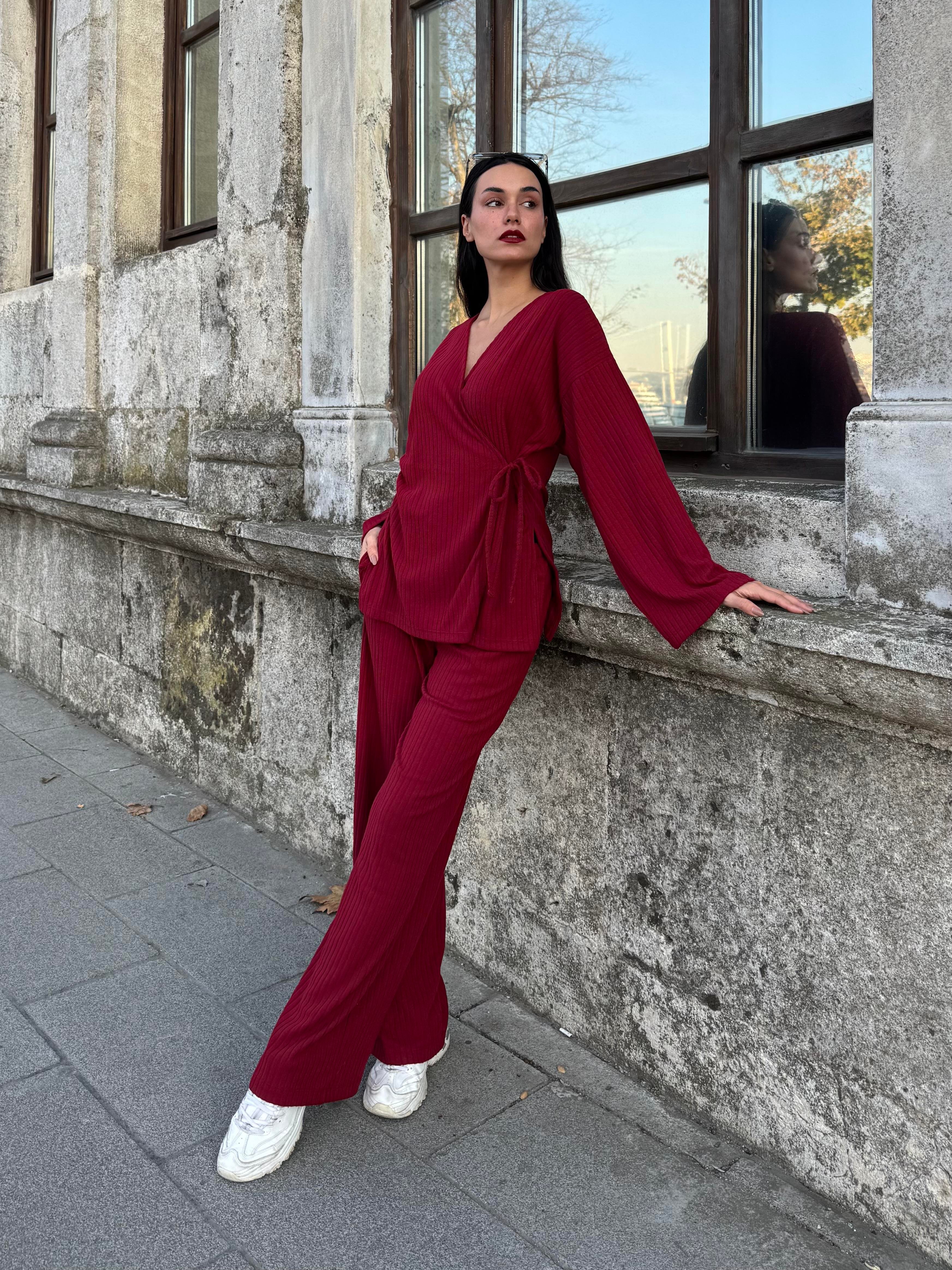 Kadın Bordo Yandan Bağlamalı Fitilli Şardonlu Alt/Üst Takım 28316