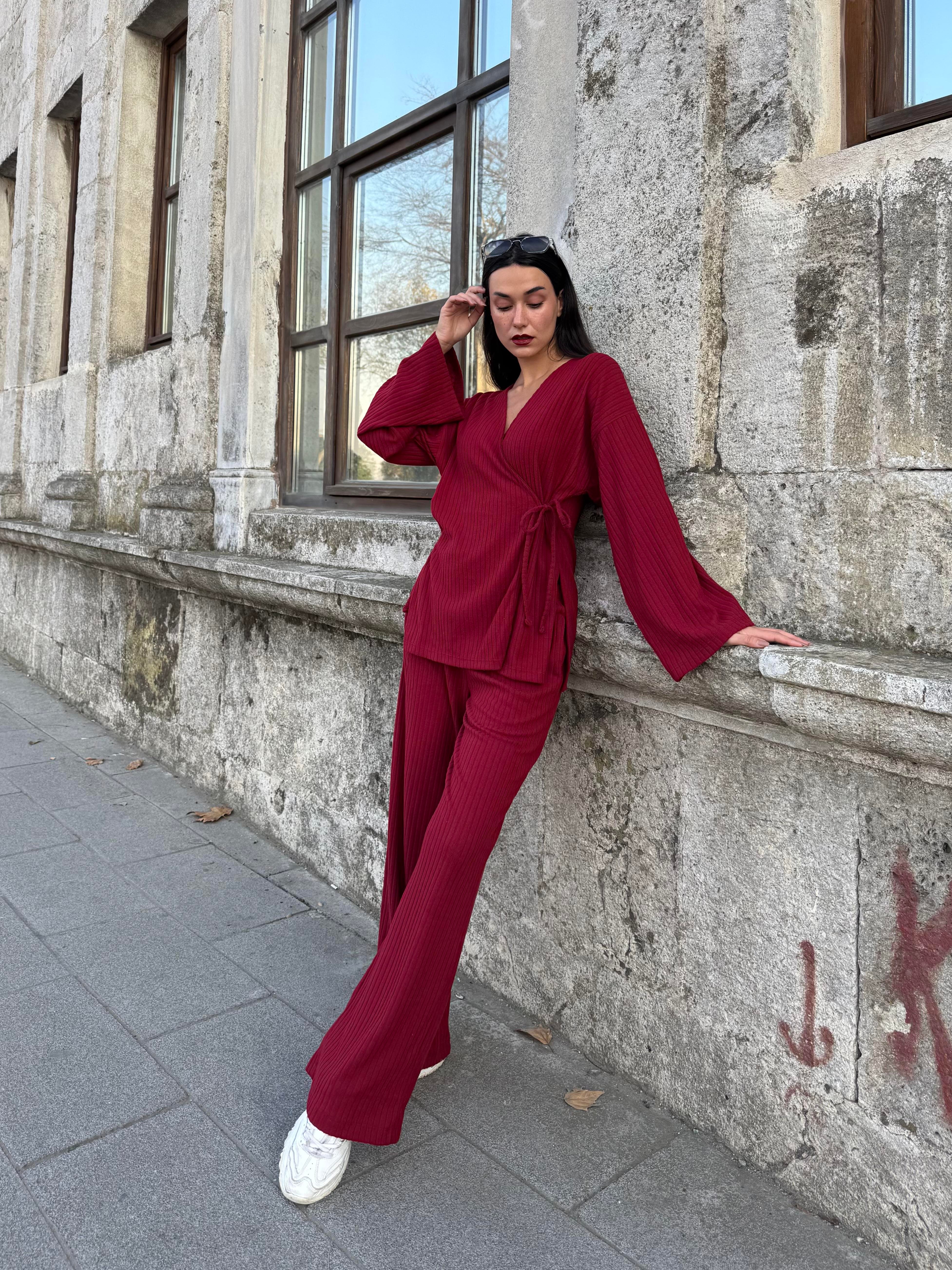 Kadın Bordo Yandan Bağlamalı Fitilli Şardonlu Alt/Üst Takım 28316