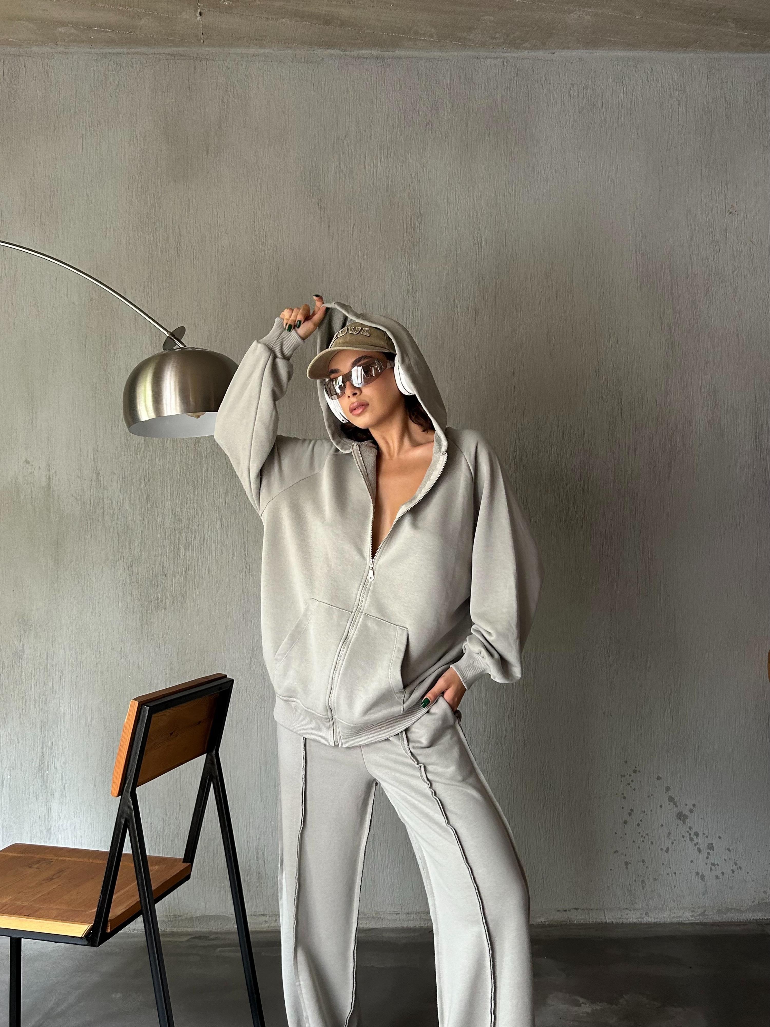 Kadın Boyama Gri Fermuarlı Kapüşonlu Unisex Şardonsuz Oversize Sweatshirt 28178