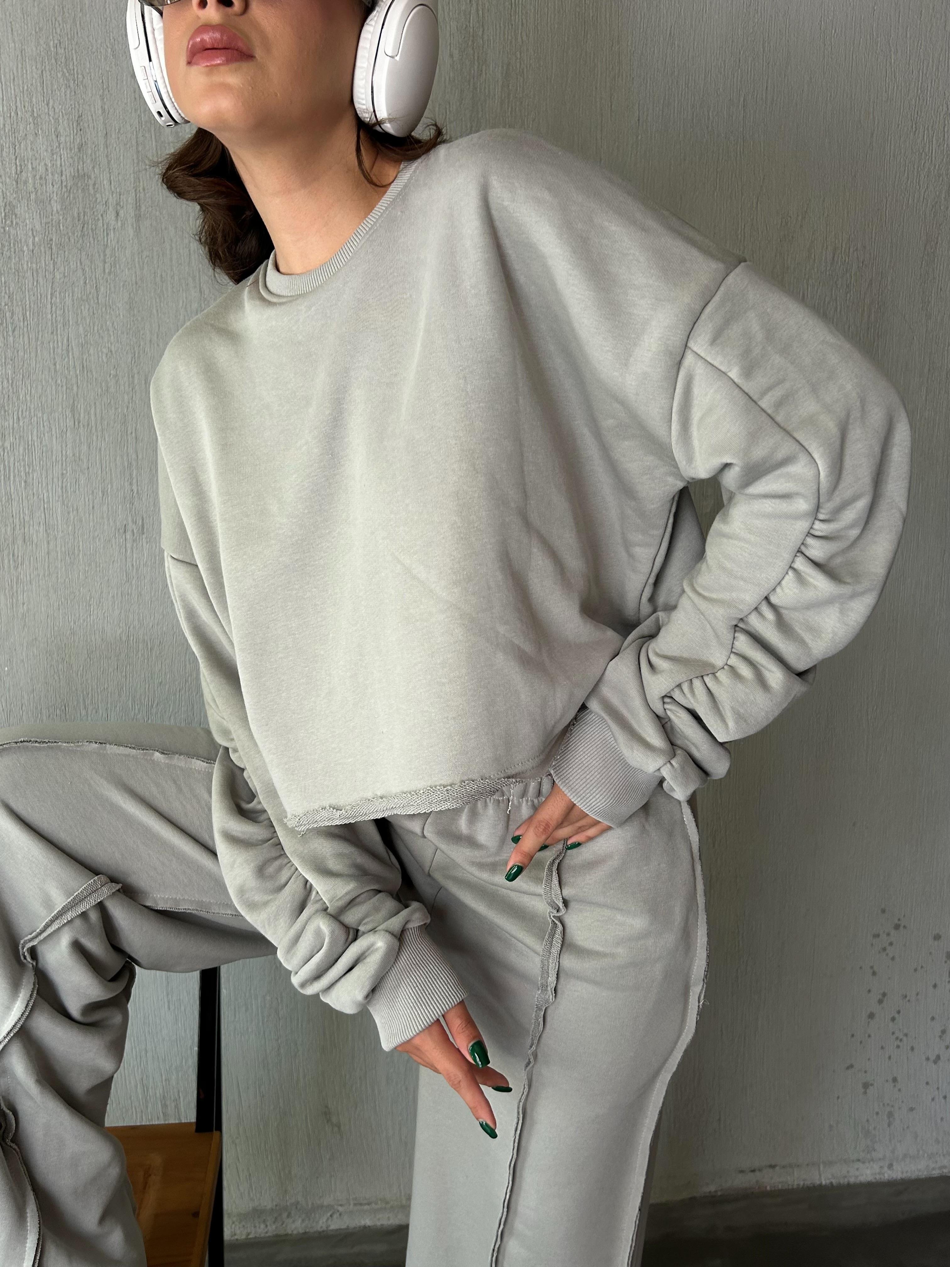 Kadın Boyama Gri Kolları Büzgülü Pis Dikişli Şardonsuz Sweatshirt 28062