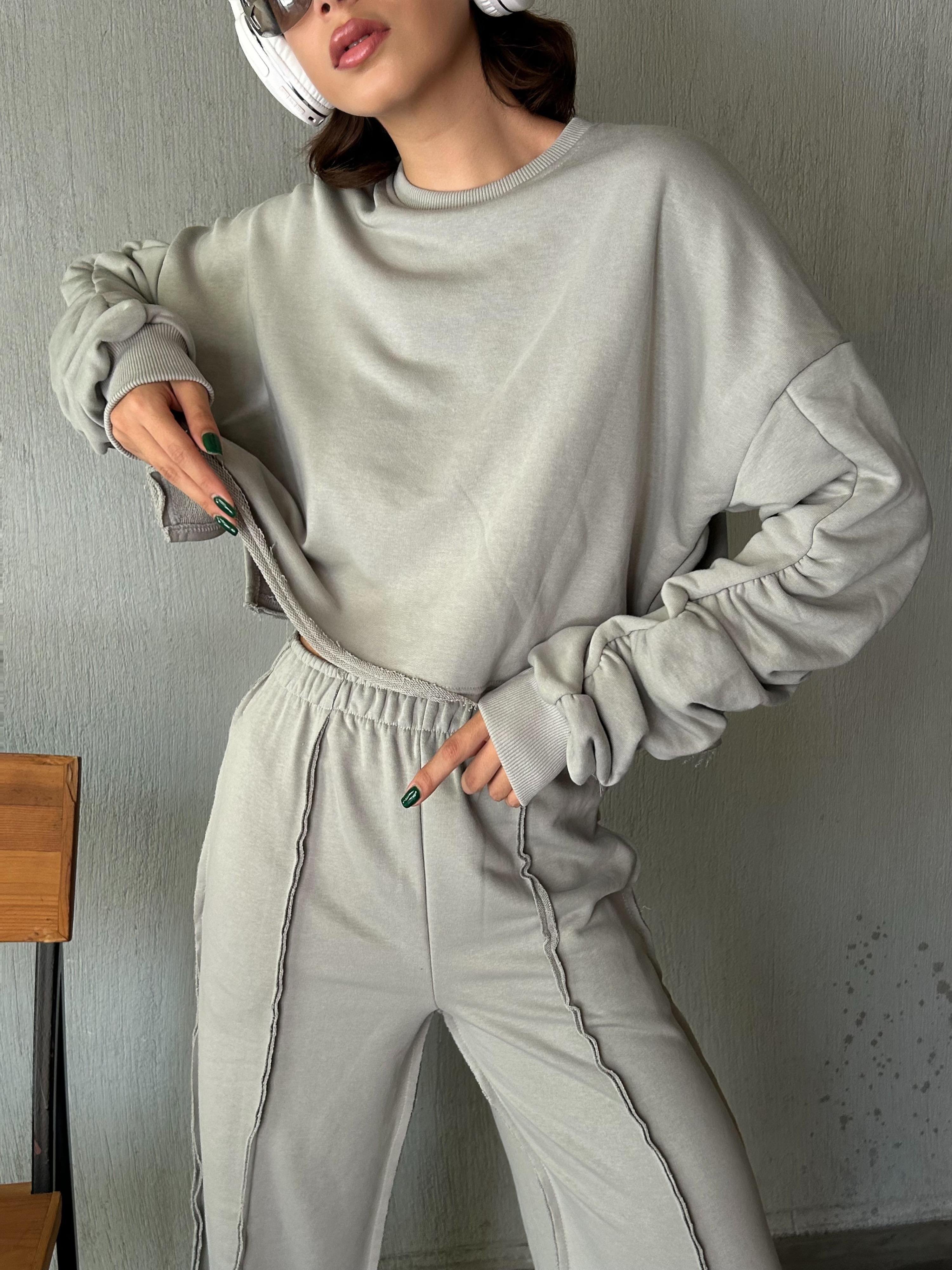 Kadın Boyama Gri Kolları Büzgülü Pis Dikişli Şardonsuz Sweatshirt 28062