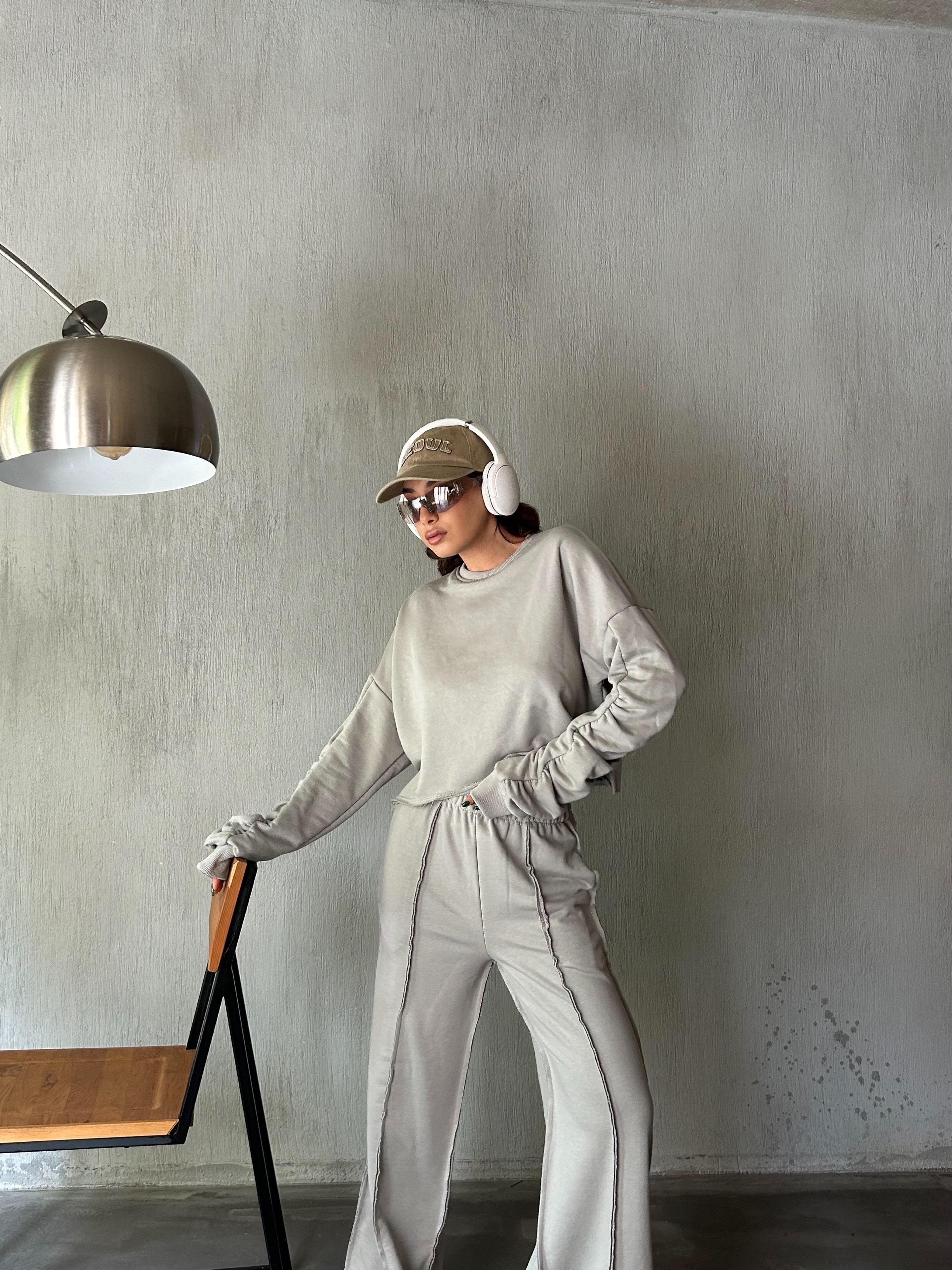 Kadın Boyama Gri Kolları Büzgülü Pis Dikişli Şardonsuz Sweatshirt 28062