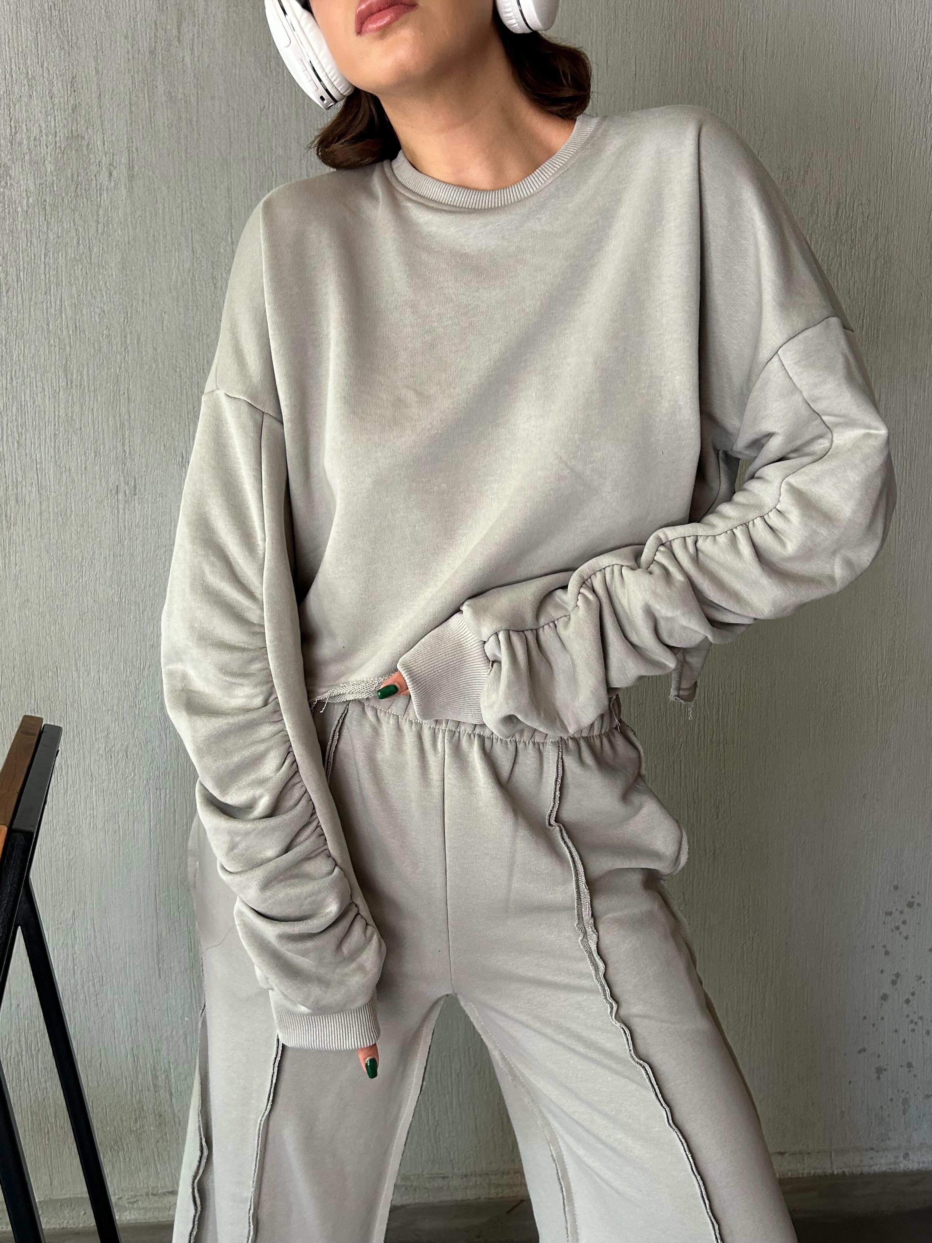 Kadın Boyama Gri Kolları Büzgülü Pis Dikişli Şardonsuz Sweatshirt 28062