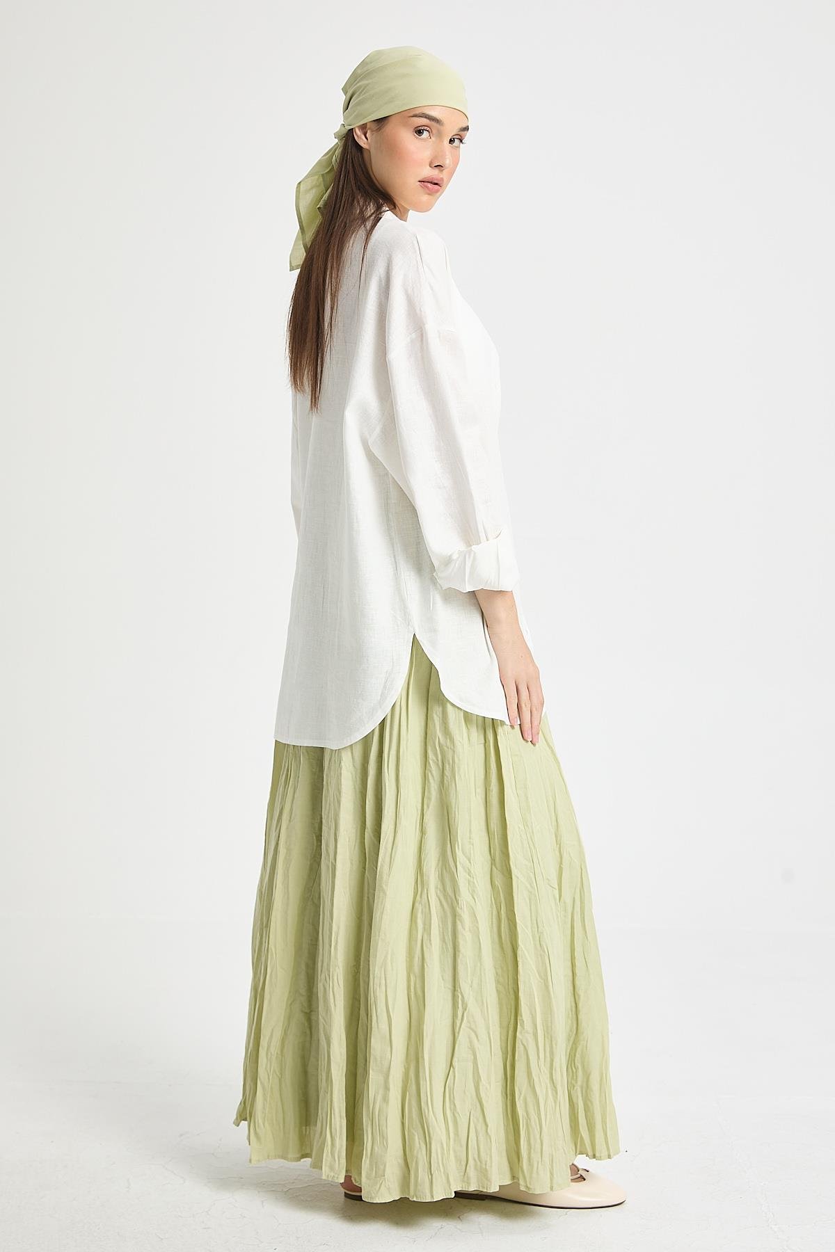 Kadın Çağla Vual Kumaş Kırışık Uzun Astarlı Etek 29062