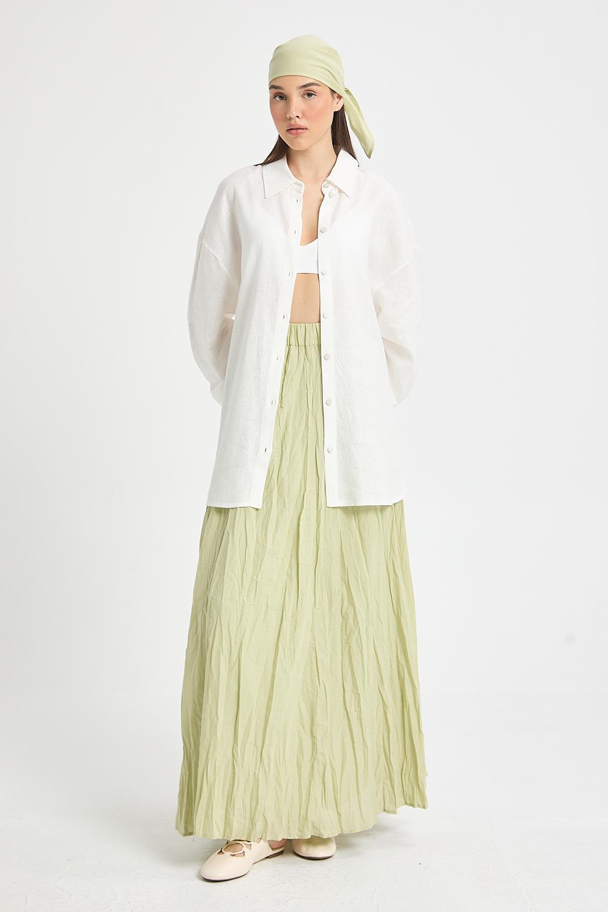 Kadın Çağla Vual Kumaş Kırışık Uzun Astarlı Etek 29062