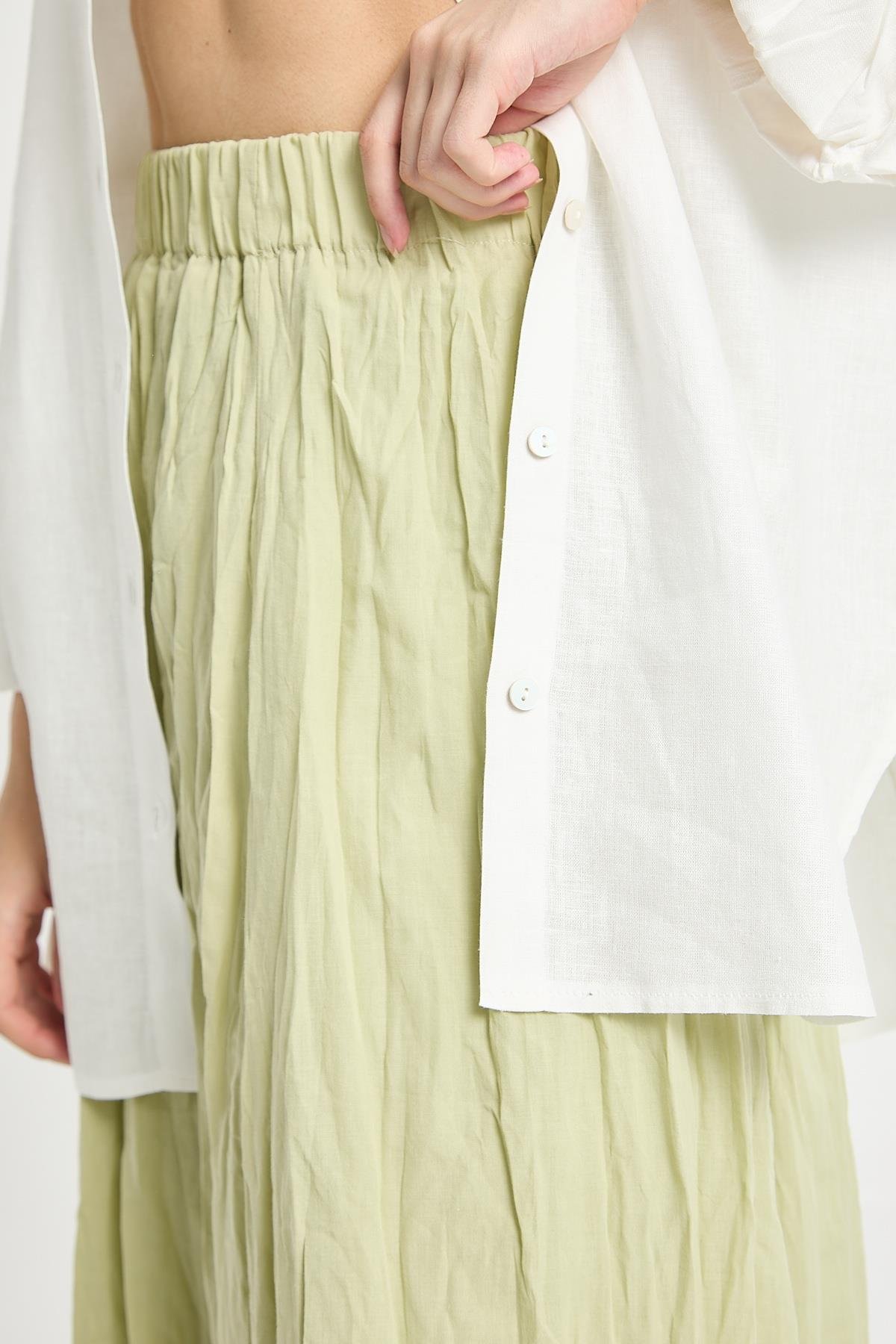 Kadın Çağla Vual Kumaş Kırışık Uzun Astarlı Etek 29062