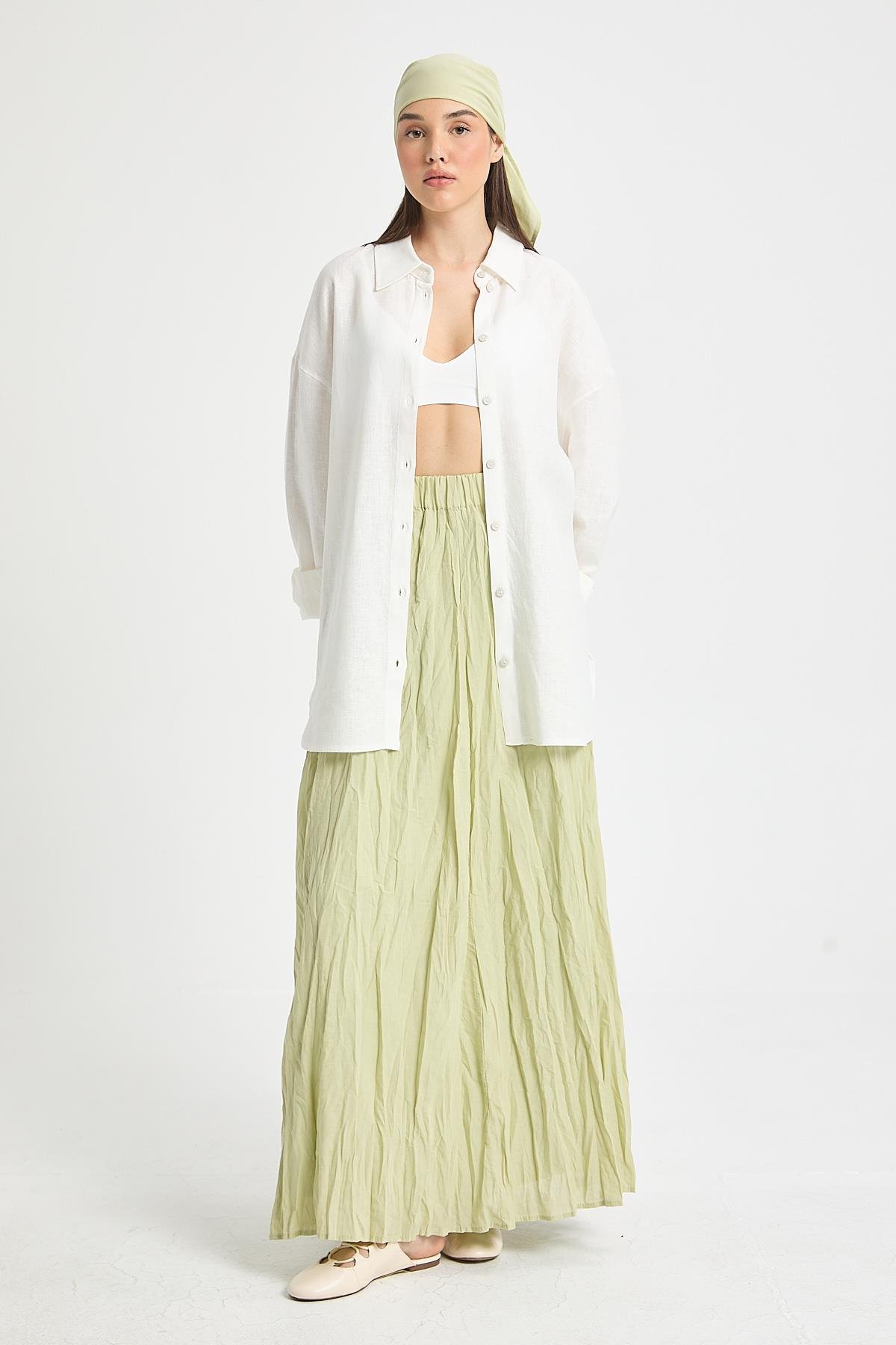 Kadın Çağla Vual Kumaş Kırışık Uzun Astarlı Etek 29062