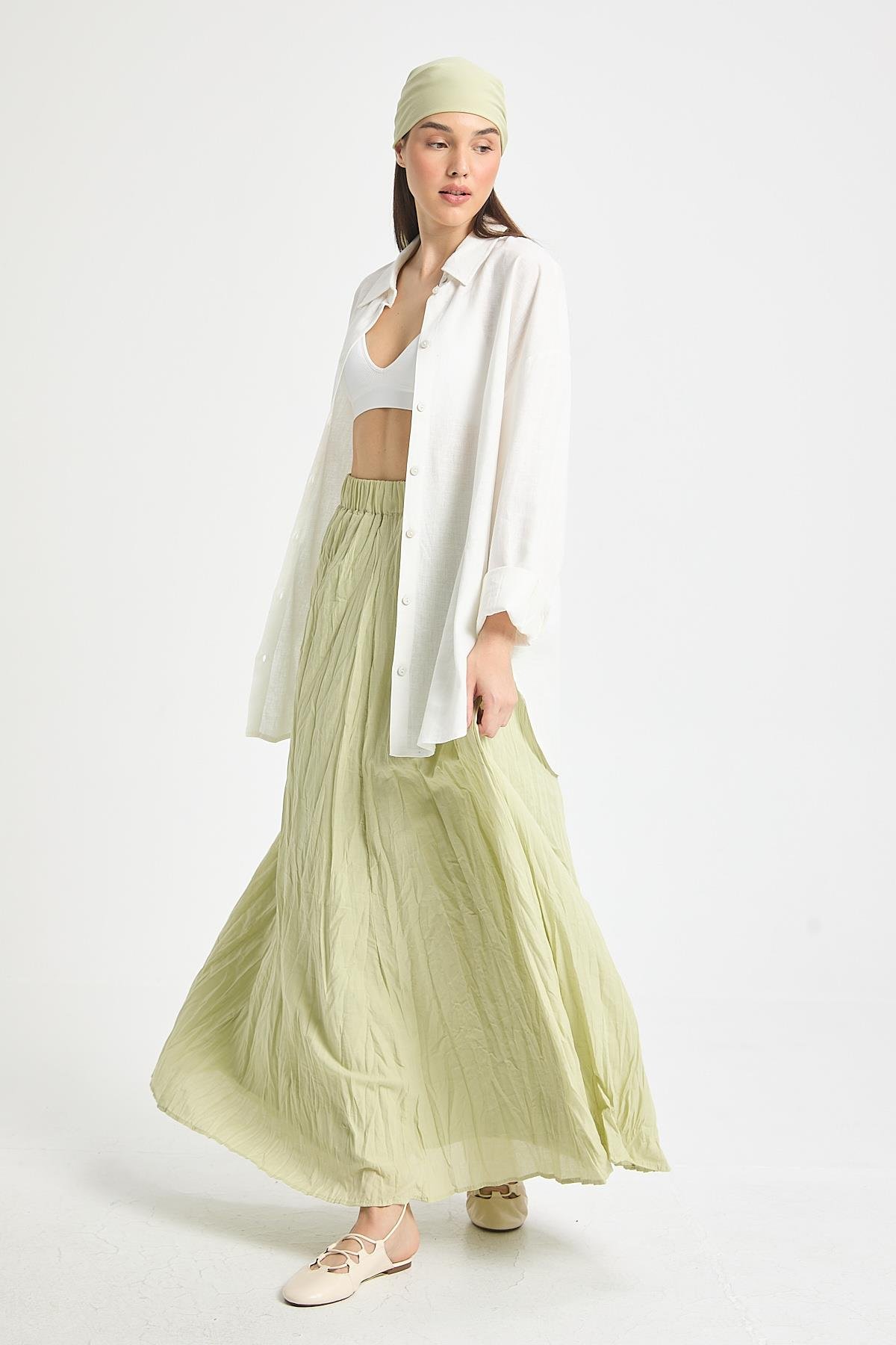 Kadın Çağla Vual Kumaş Kırışık Uzun Astarlı Etek 29062