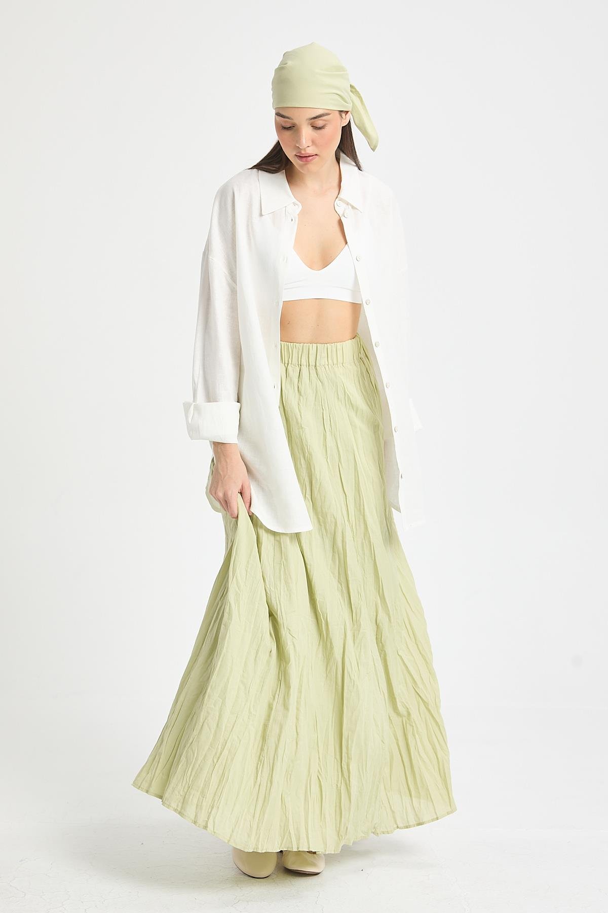 Kadın Çağla Vual Kumaş Kırışık Uzun Astarlı Etek 29062