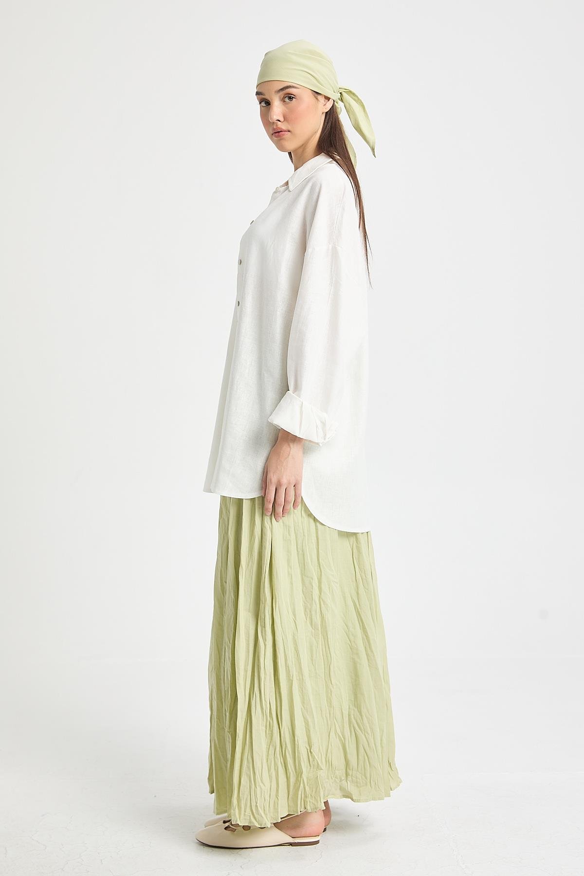 Kadın Çağla Vual Kumaş Kırışık Uzun Astarlı Etek 29062