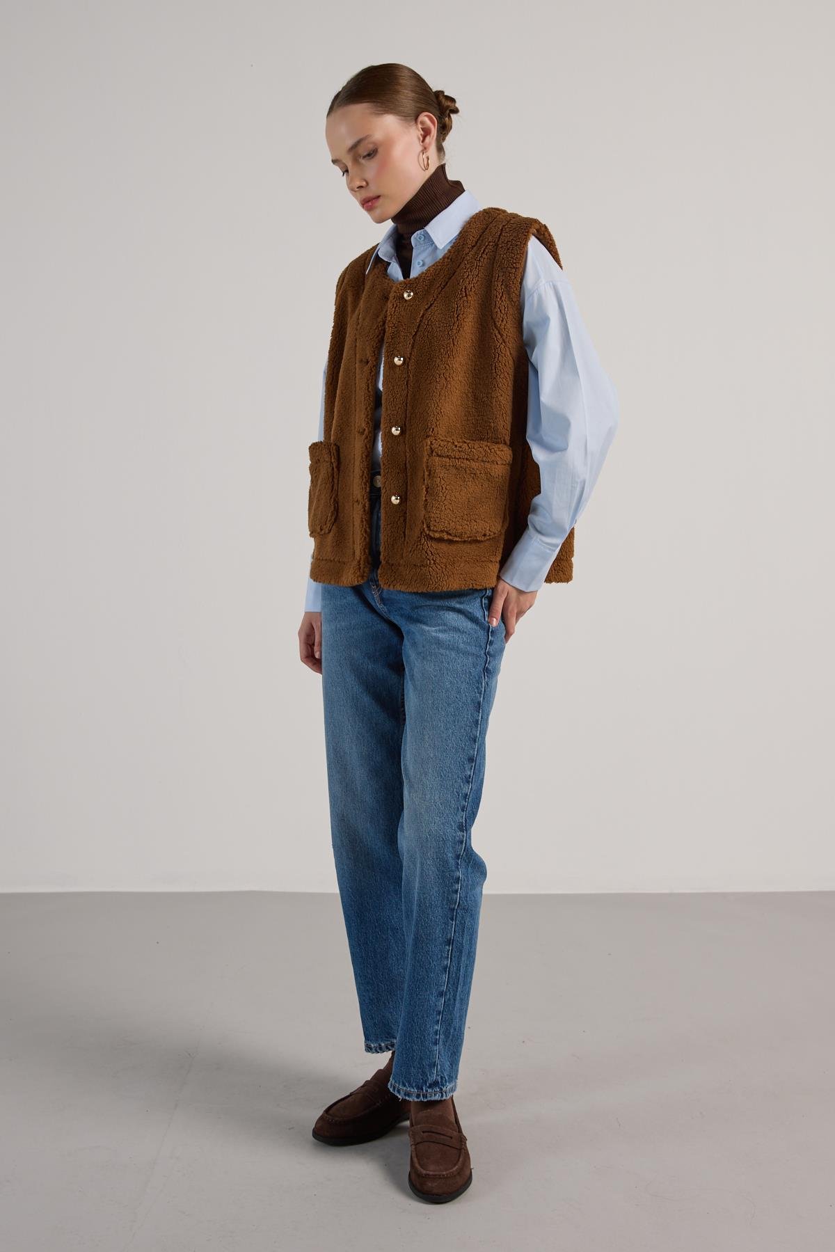 Kadın Camel Peluş Yelek 30049