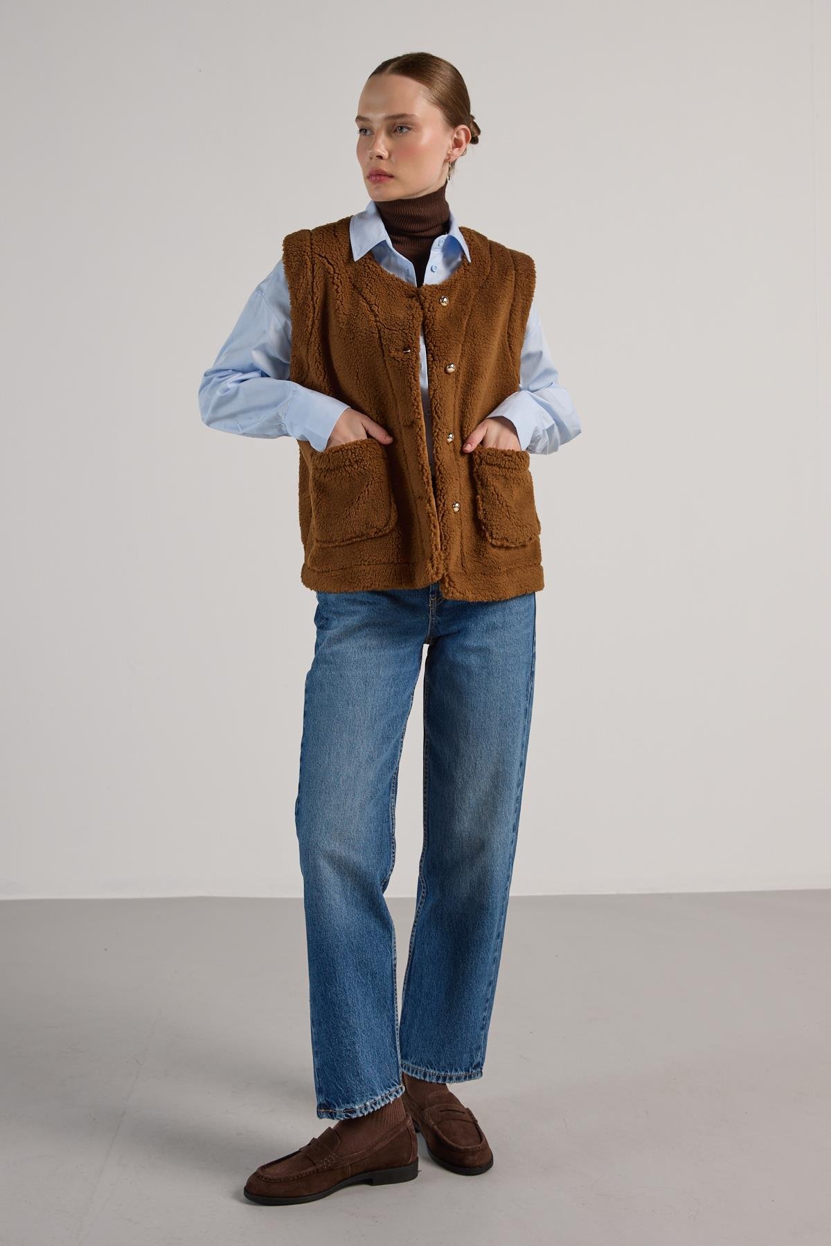 Kadın Camel Peluş Yelek 30049