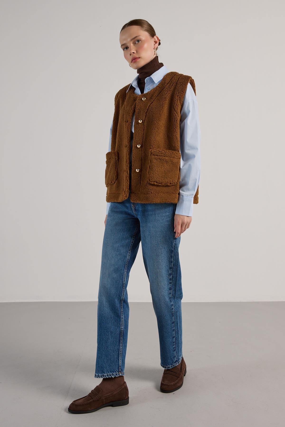 Kadın Camel Peluş Yelek 30049