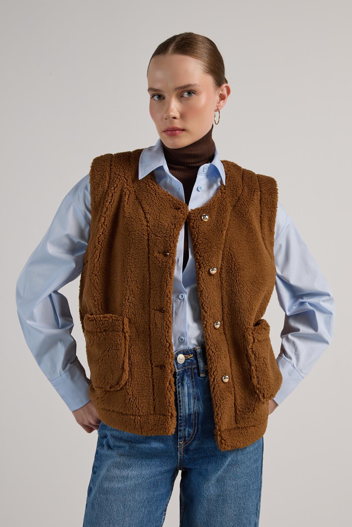 Kadın Camel Peluş Yelek 30049