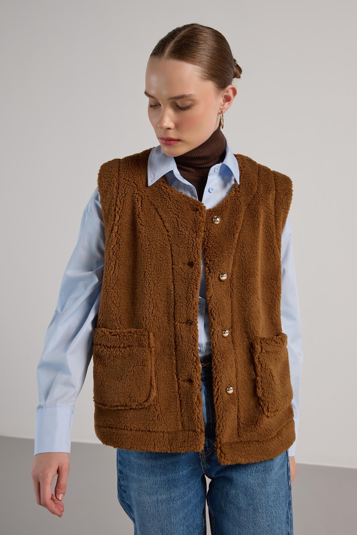 Kadın Camel Peluş Yelek 30049