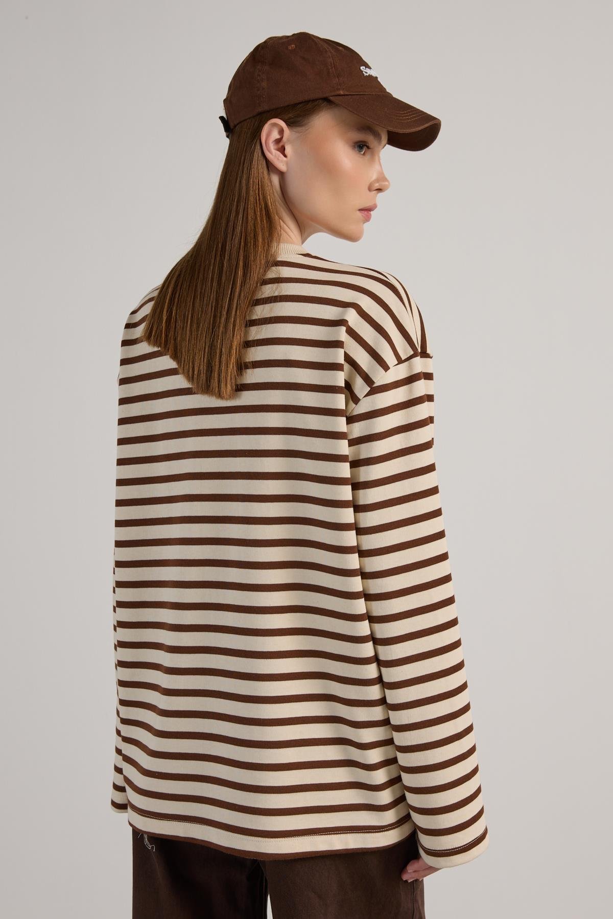 Kadın Çizgili Oversize Bordo Krem Sweatshirt 30010