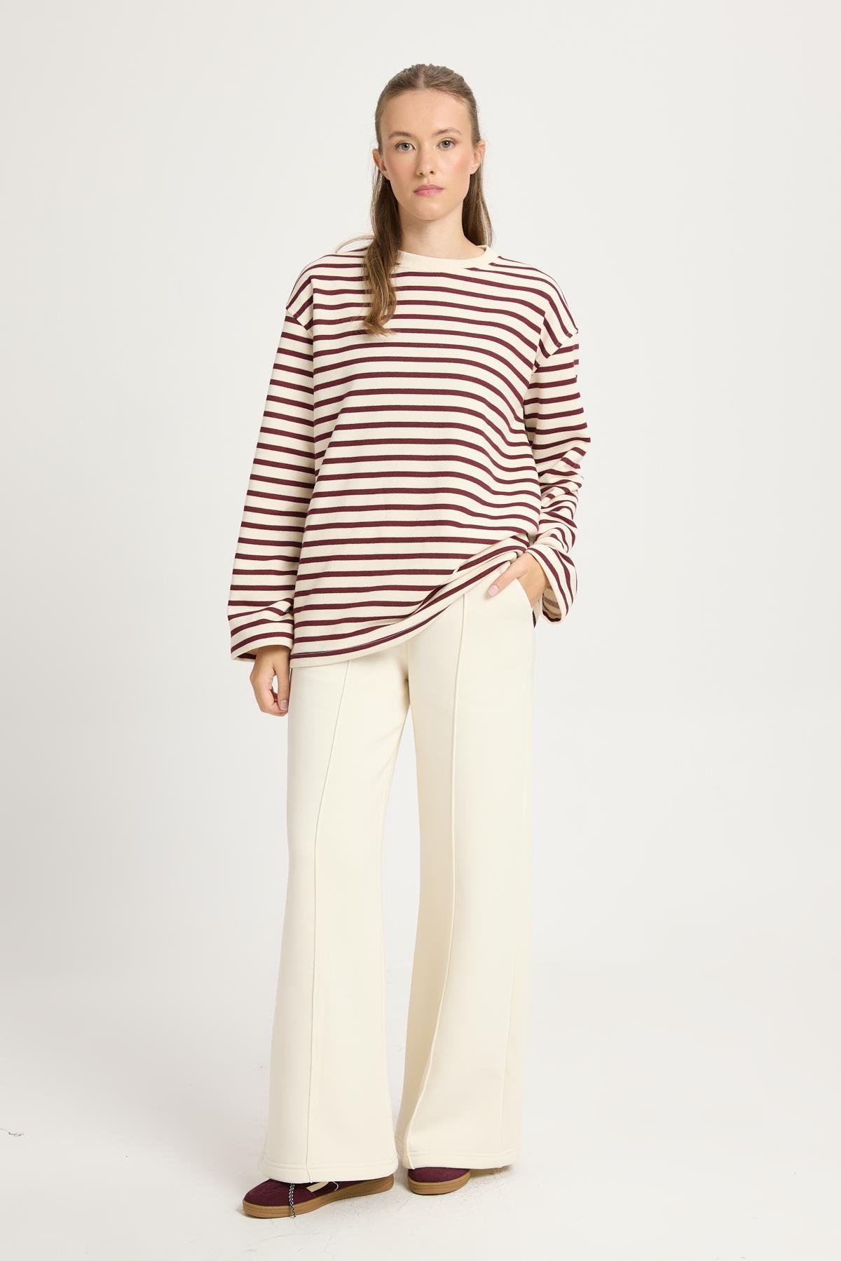 Kadın Çizgili Oversize Bordo Krem Sweatshirt 30010