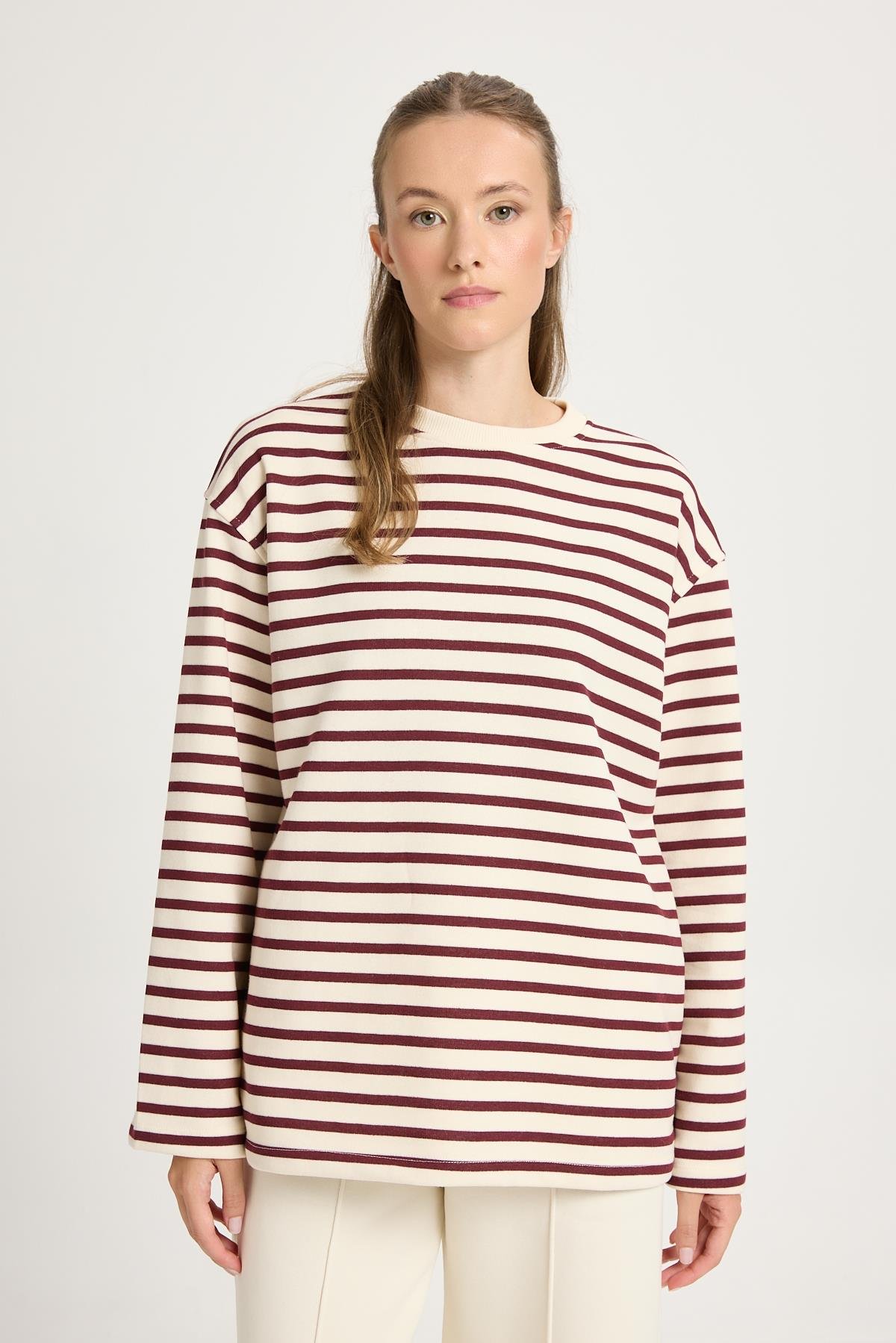 Kadın Çizgili Oversize Bordo Krem Sweatshirt 30010