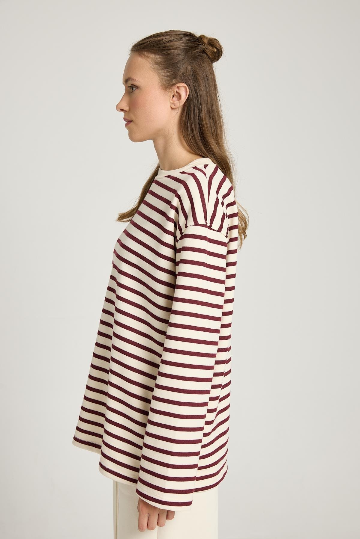 Kadın Çizgili Oversize Bordo Krem Sweatshirt 30010