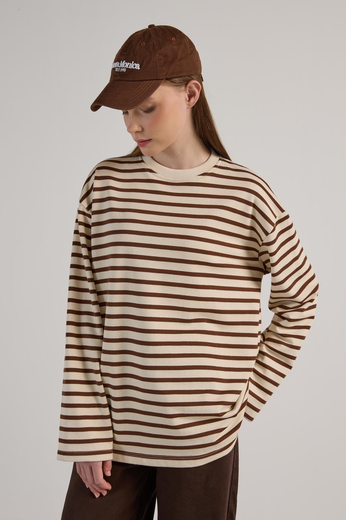 Kadın Çizgili Oversize Bordo Krem Sweatshirt 30010