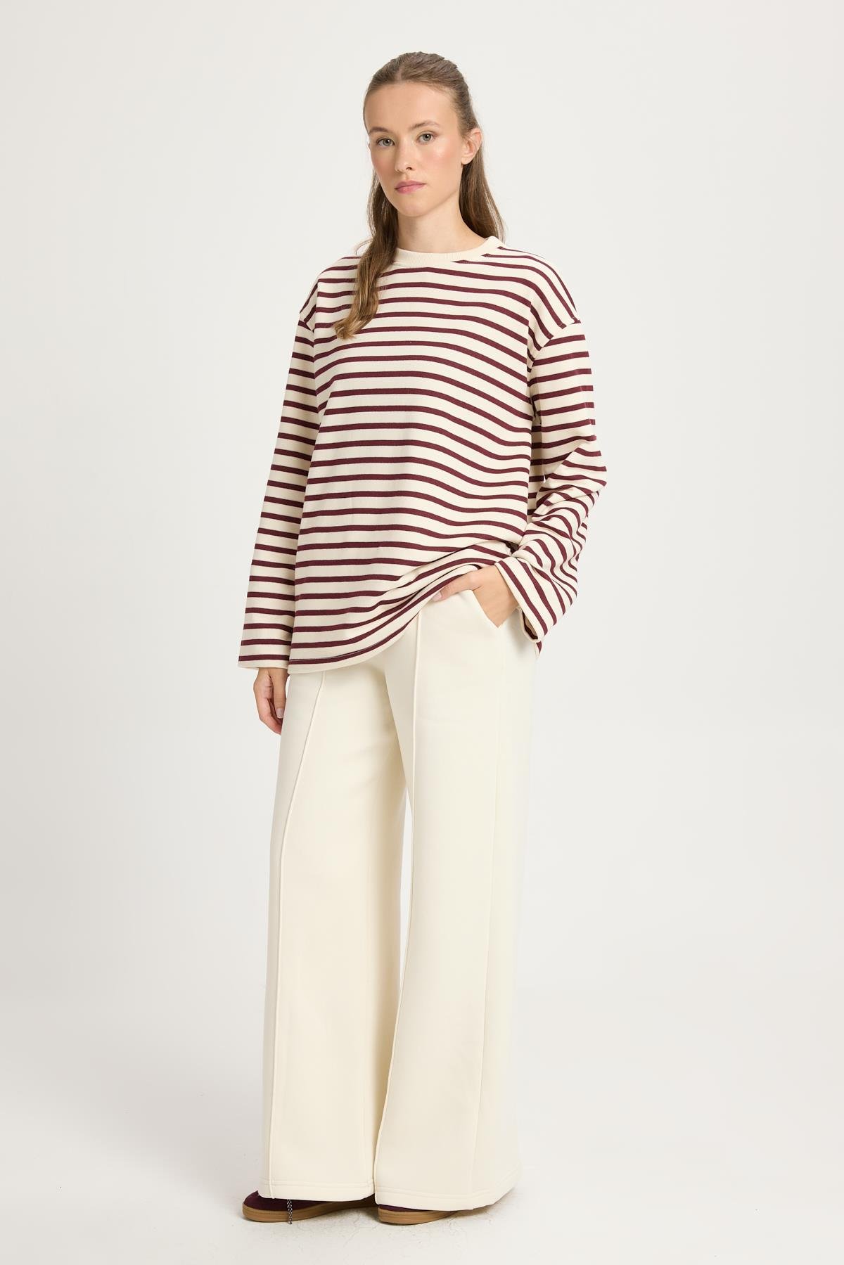 Kadın Çizgili Oversize Bordo Krem Sweatshirt 30010