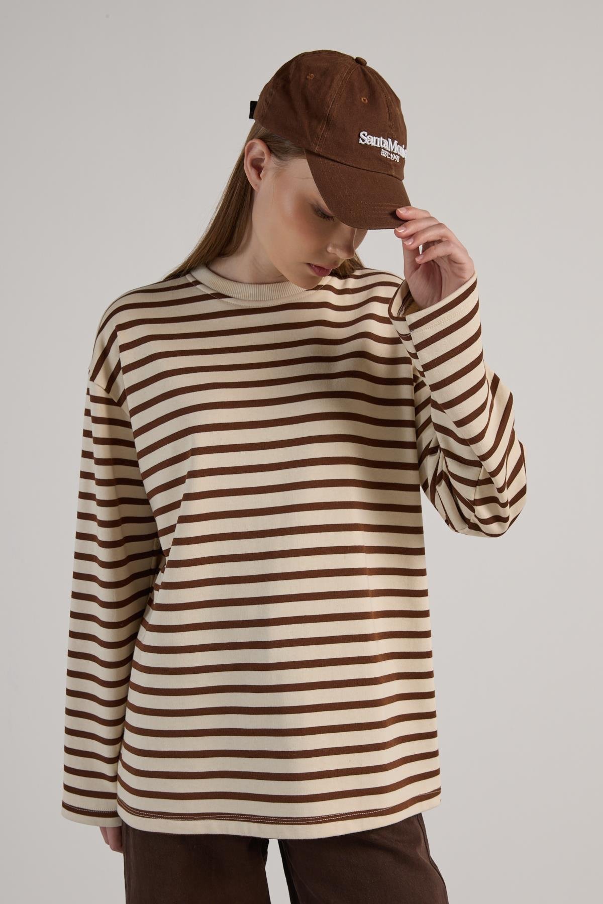 Kadın Çizgili Oversize Bordo Krem Sweatshirt 30010