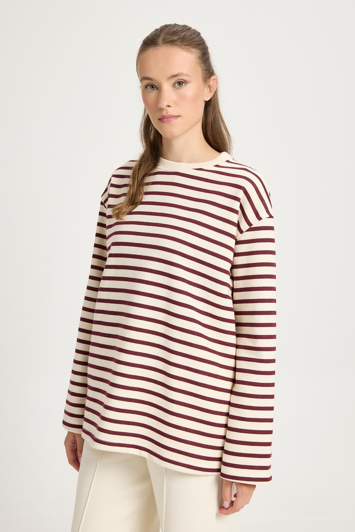 Kadın Çizgili Oversize Bordo Krem Sweatshirt 30010