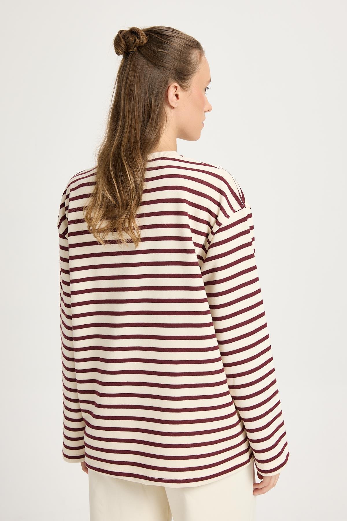 Kadın Çizgili Oversize Bordo Krem Sweatshirt 30010