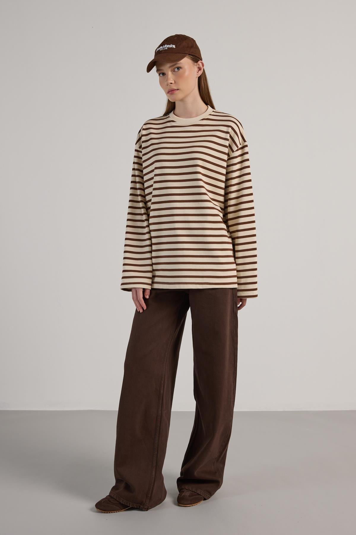 Kadın Çizgili Oversize Bordo Krem Sweatshirt 30010