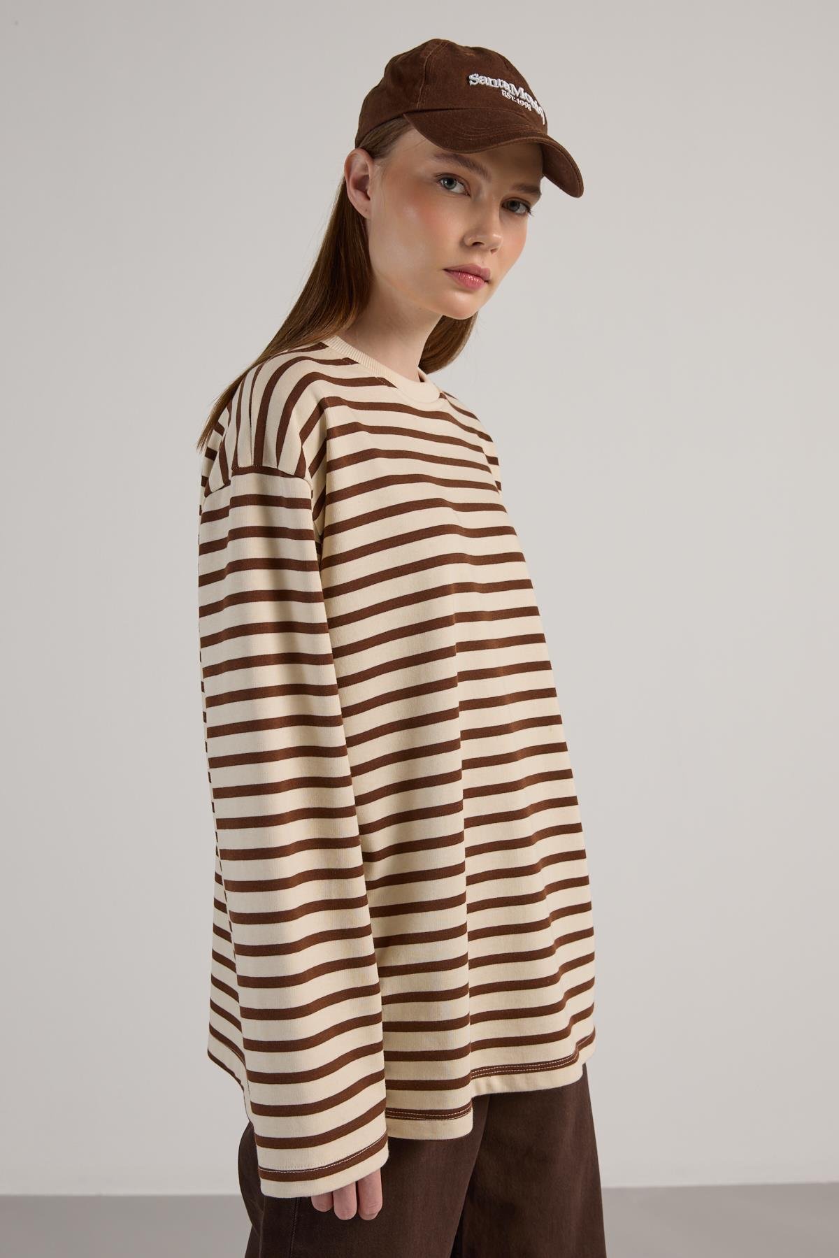 Kadın Çizgili Oversize Bordo Krem Sweatshirt 30010