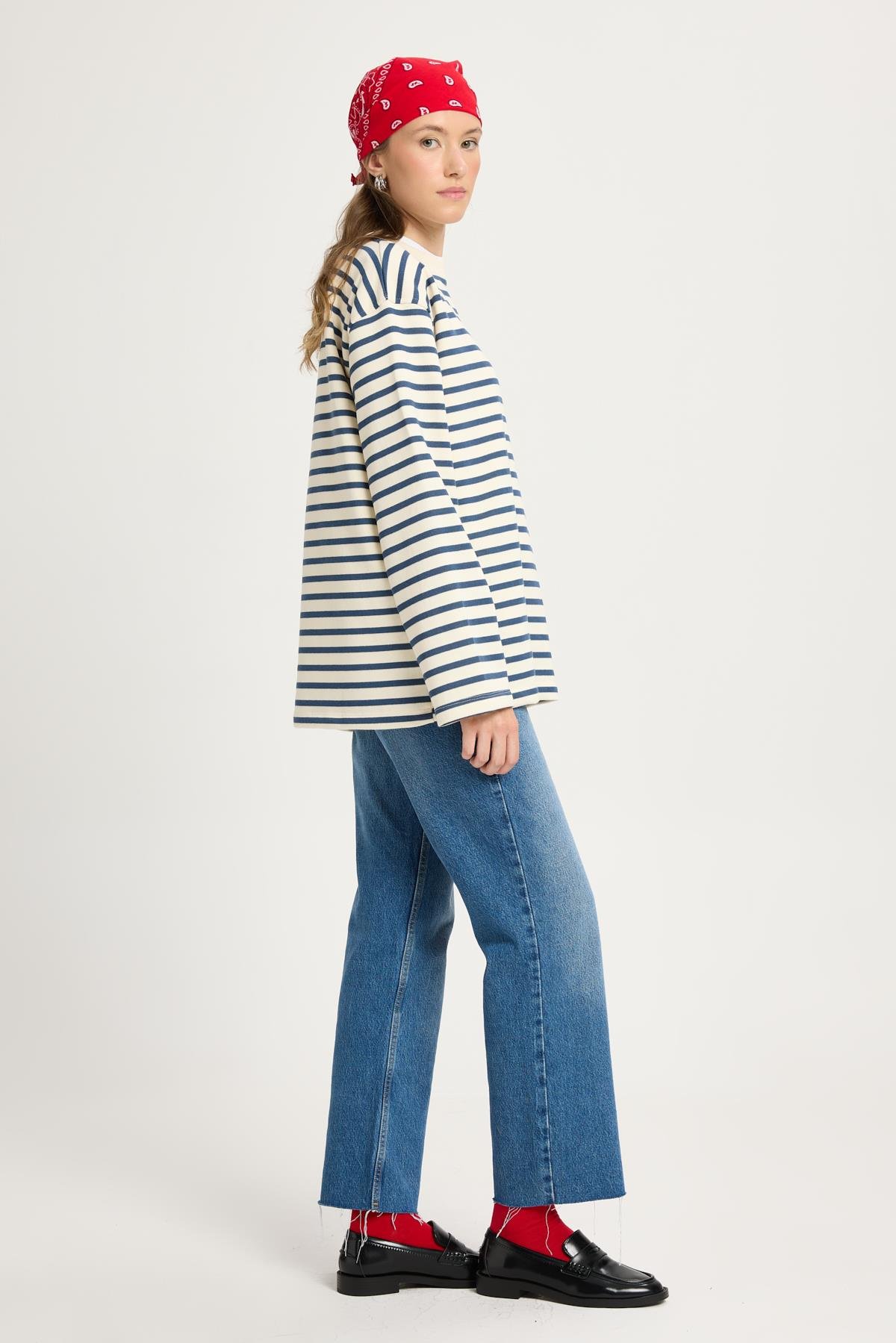 Kadın Çizgili Oversize Lacivert Krem Sweatshirt 30010