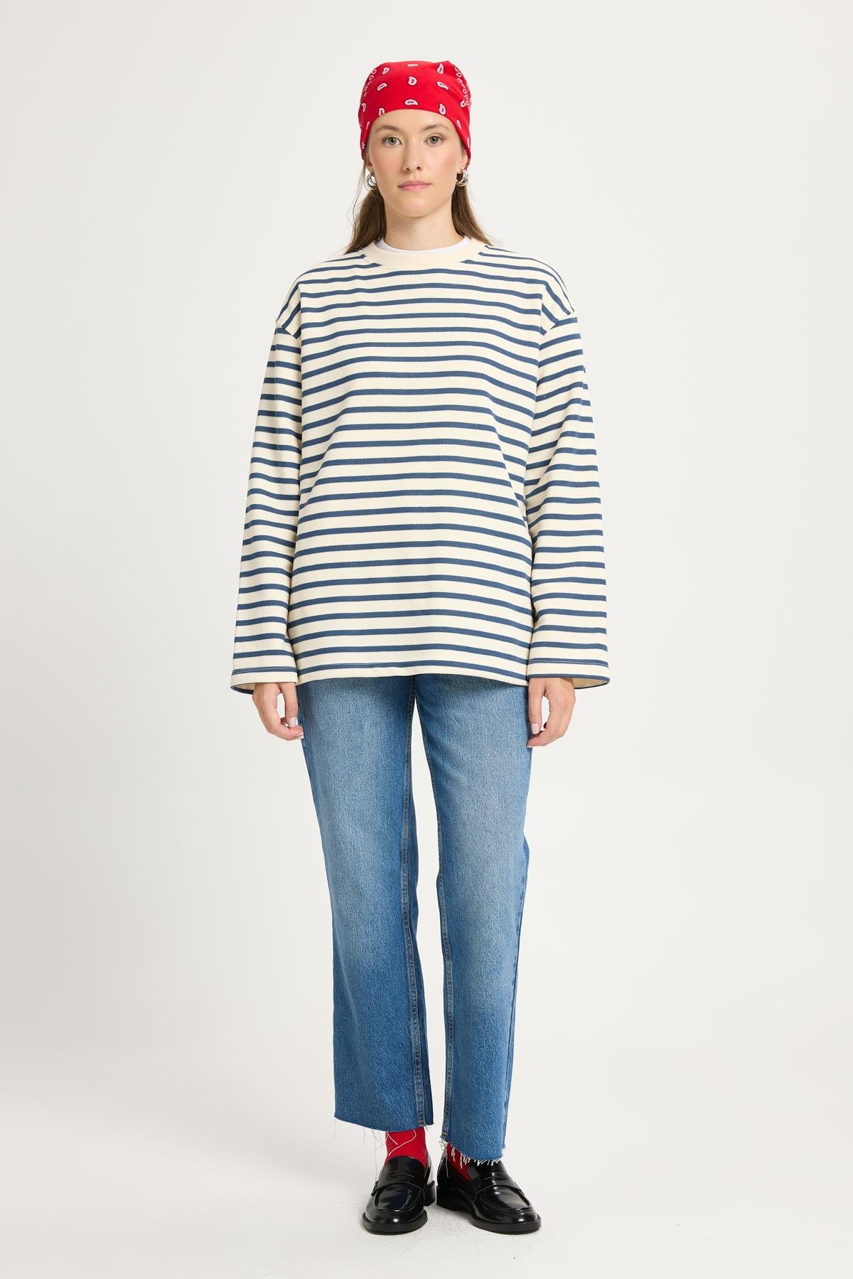 Kadın Çizgili Oversize Lacivert Krem Sweatshirt 30010