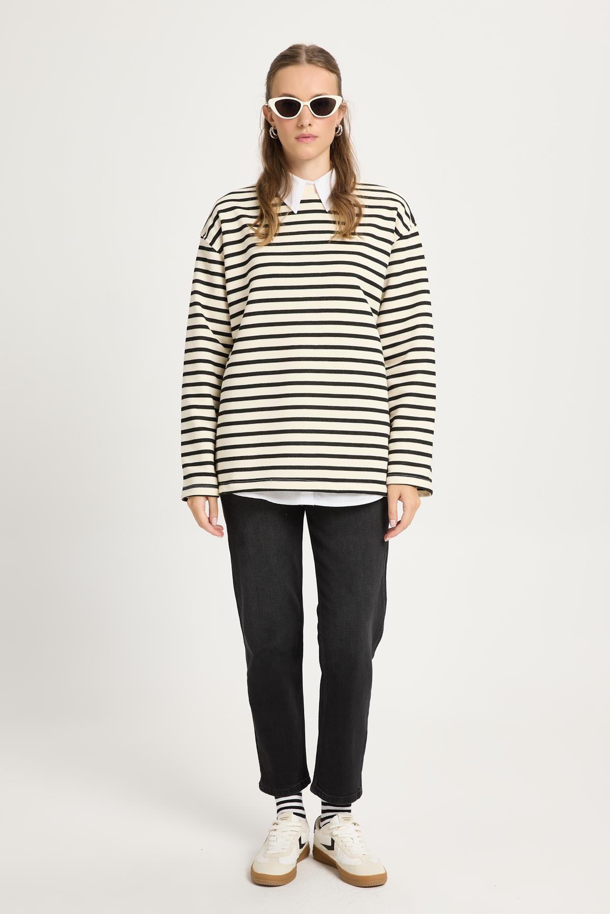 Kadın Çizgili Oversize Siyah Krem Sweatshirt 30010