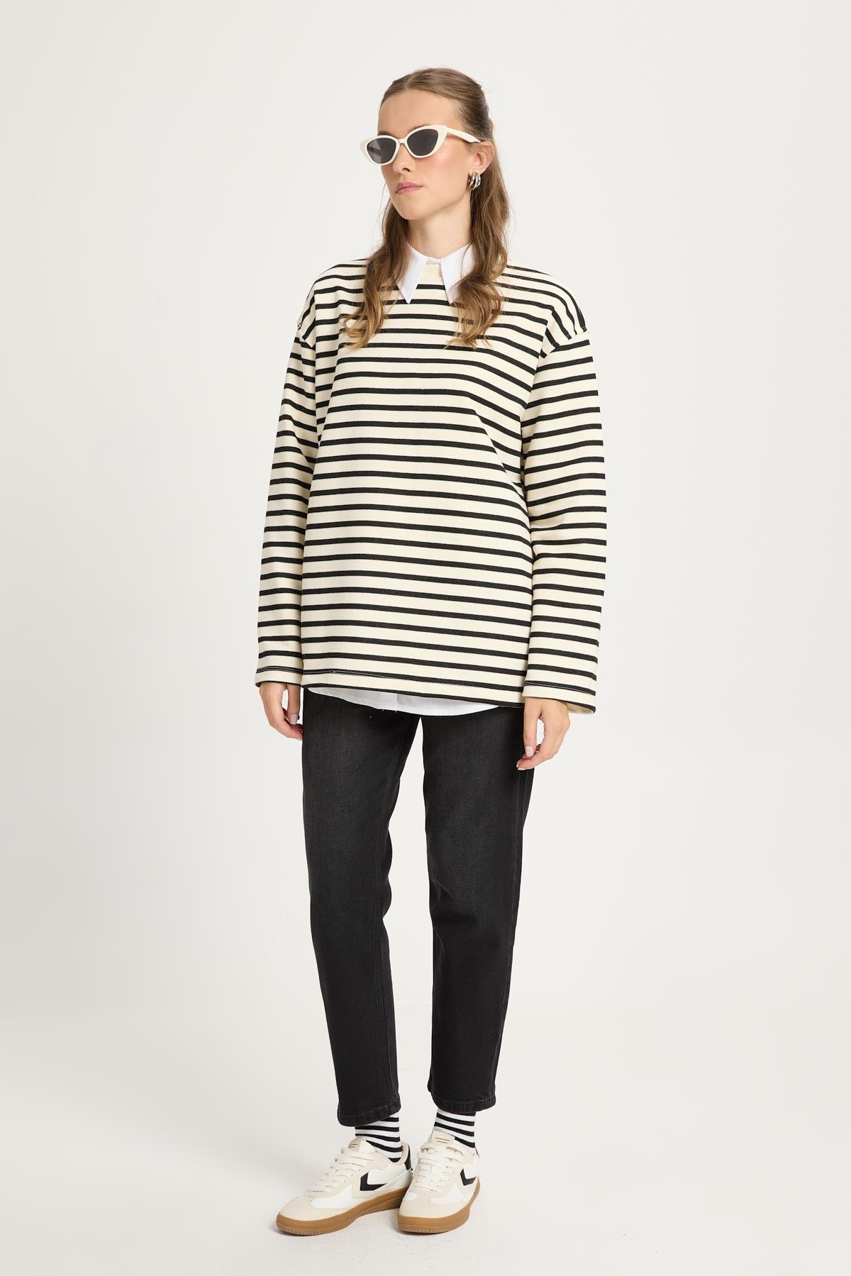 Kadın Çizgili Oversize Siyah Krem Sweatshirt 30010