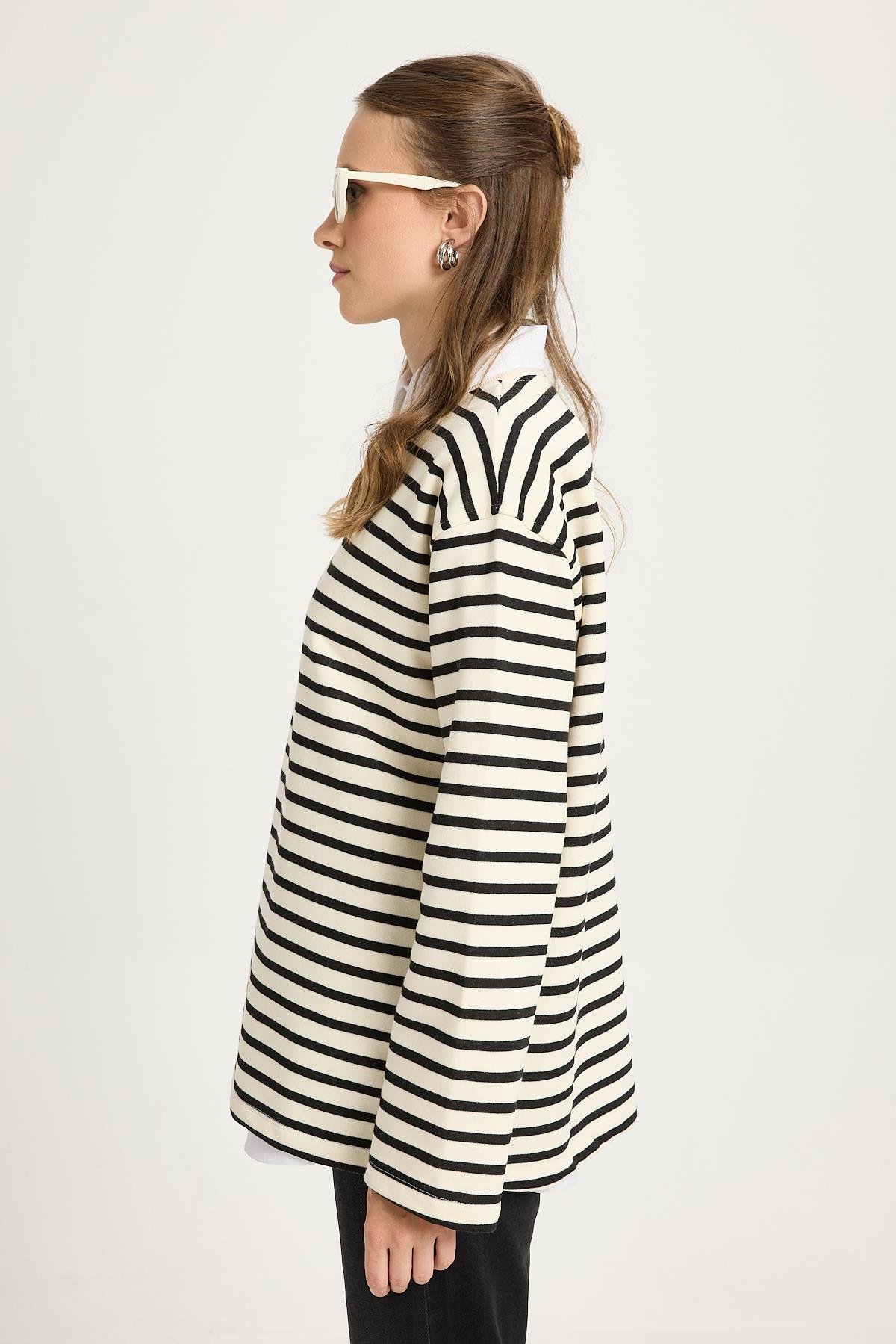 Kadın Çizgili Oversize Siyah Krem Sweatshirt 30010