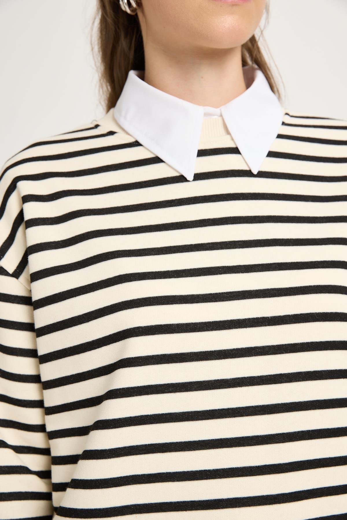 Kadın Çizgili Oversize Siyah Krem Sweatshirt 30010