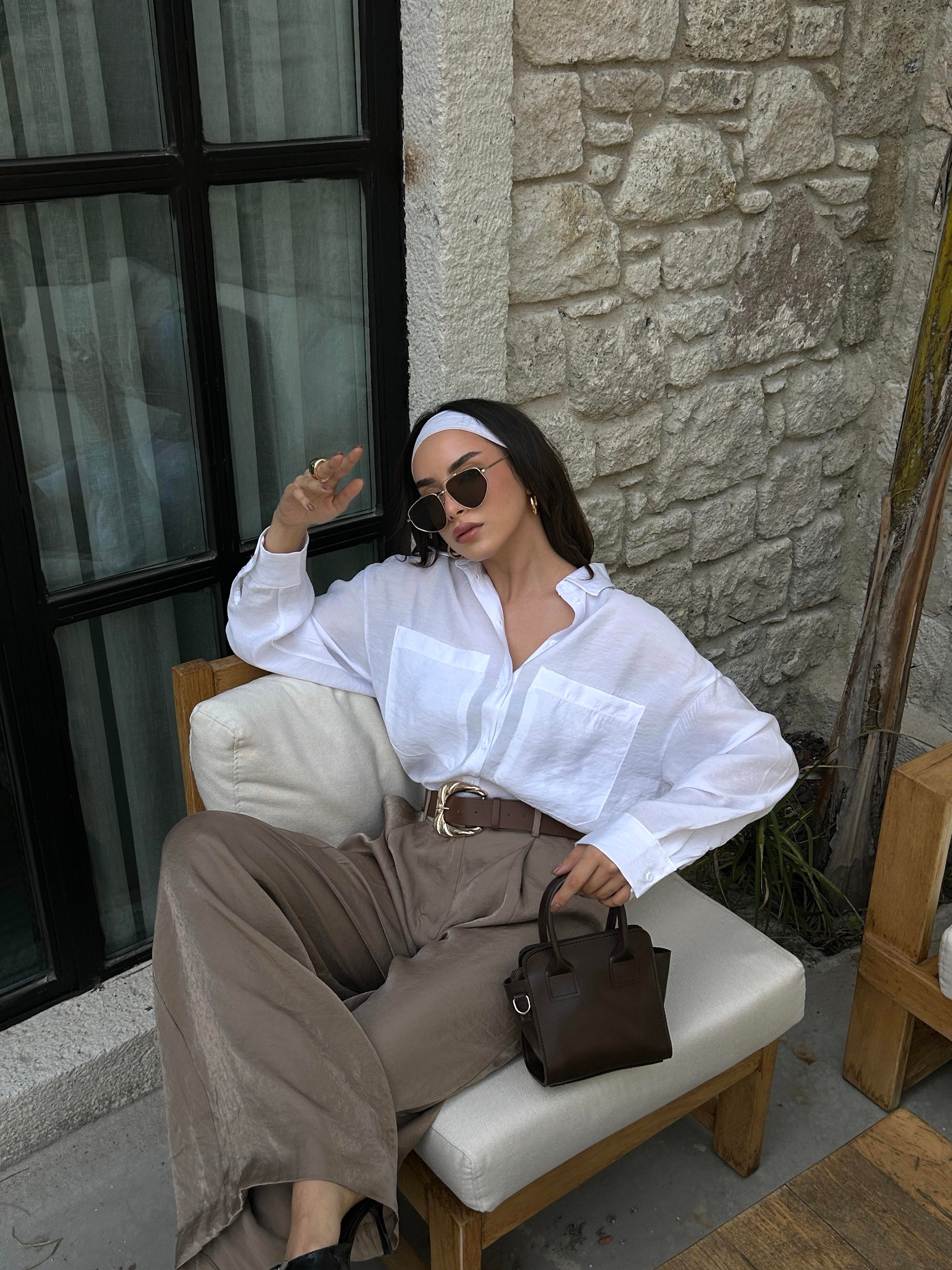 Kadın Ekru %100 Modal Kumaş Cep Detaylı Oversize Uzun Gömlek 29108