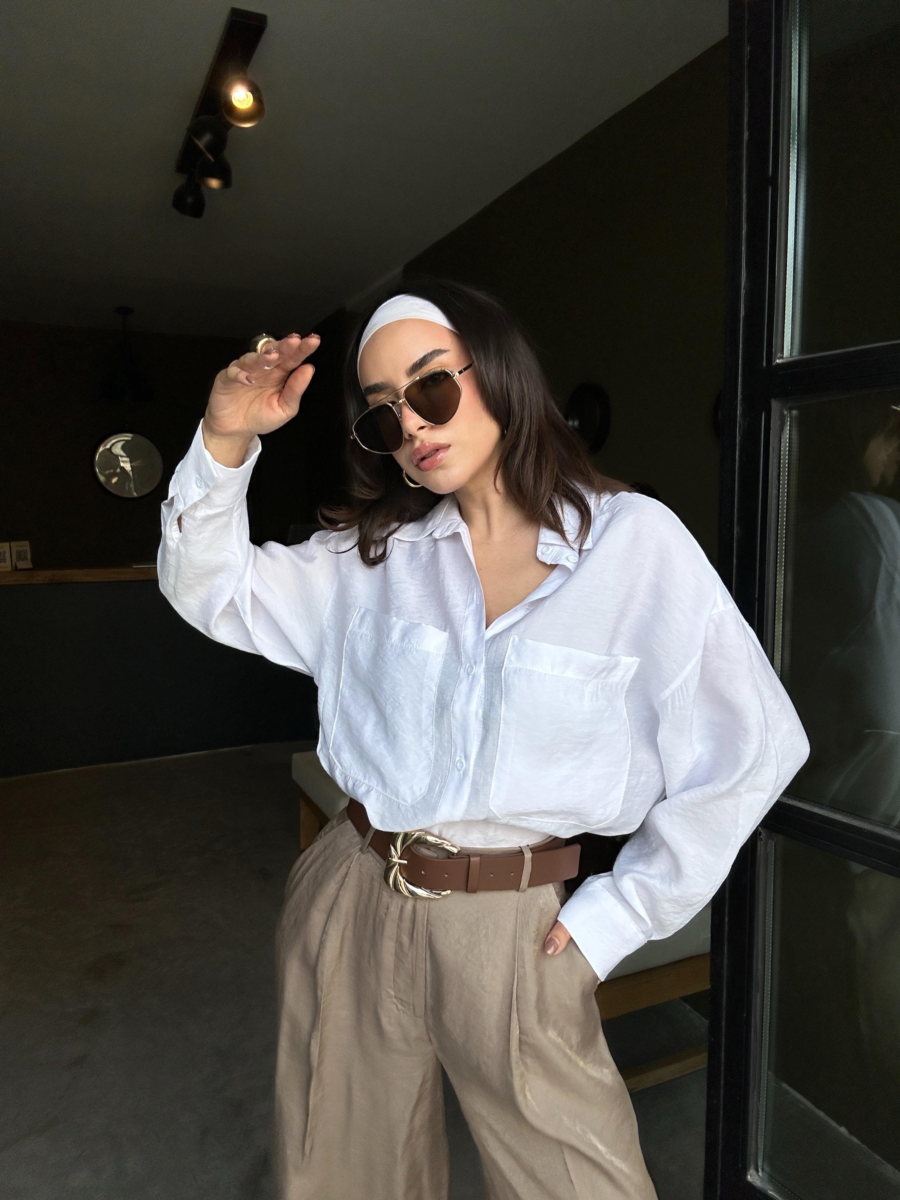 Kadın Ekru %100 Modal Kumaş Cep Detaylı Oversize Uzun Gömlek 29108