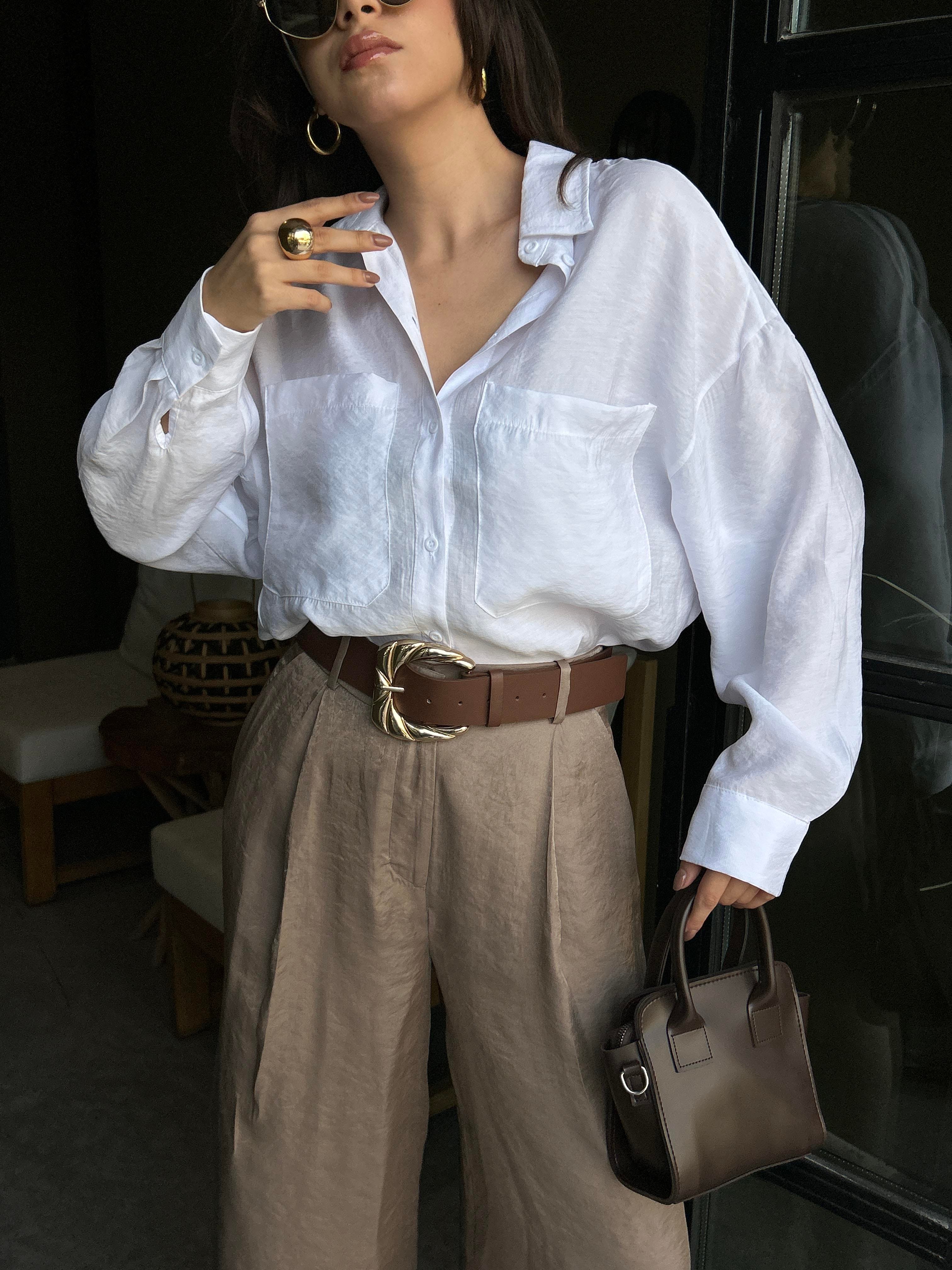 Kadın Ekru %100 Modal Kumaş Cep Detaylı Oversize Uzun Gömlek 29108