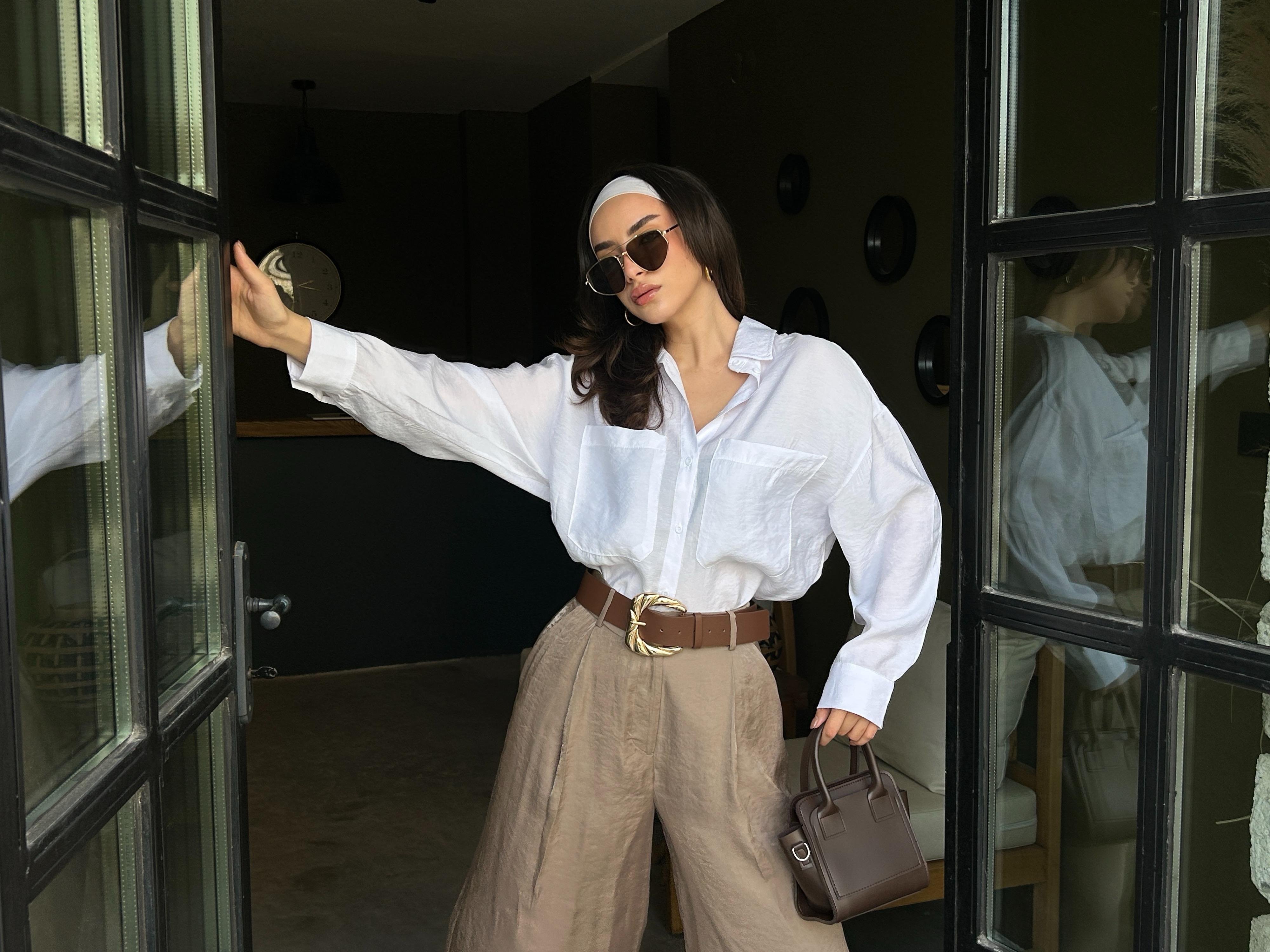 Kadın Ekru %100 Modal Kumaş Cep Detaylı Oversize Uzun Gömlek 29108