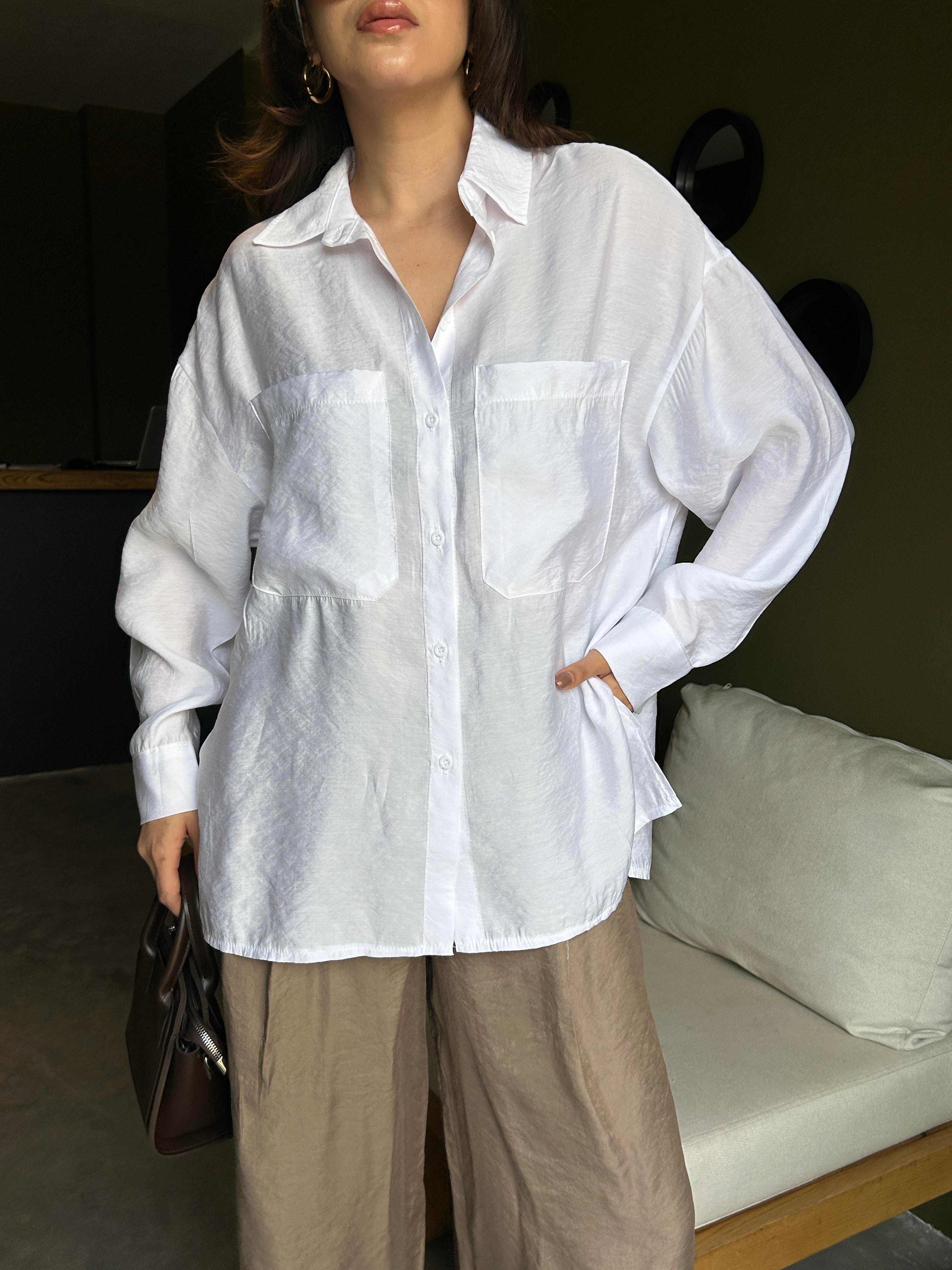 Kadın Ekru %100 Modal Kumaş Cep Detaylı Oversize Uzun Gömlek 29108